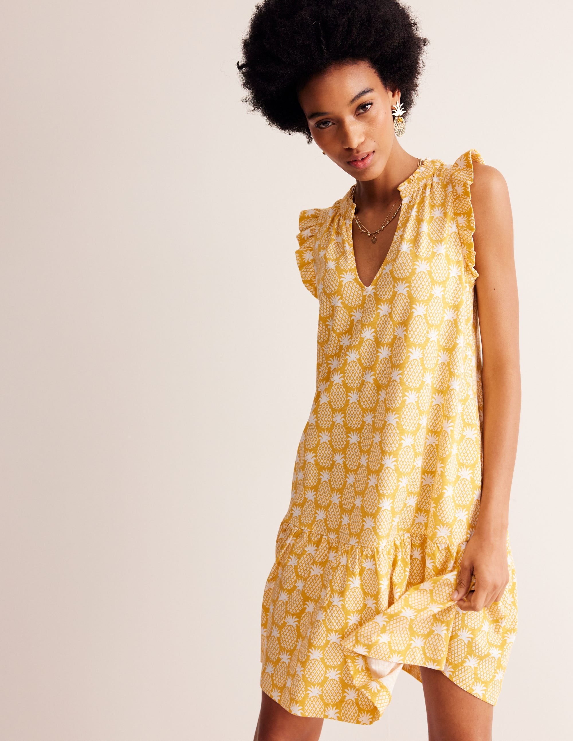 Daisy Jersey Short Tier Dress-Ceylon Yellow, Pineapple Geo - Image 1