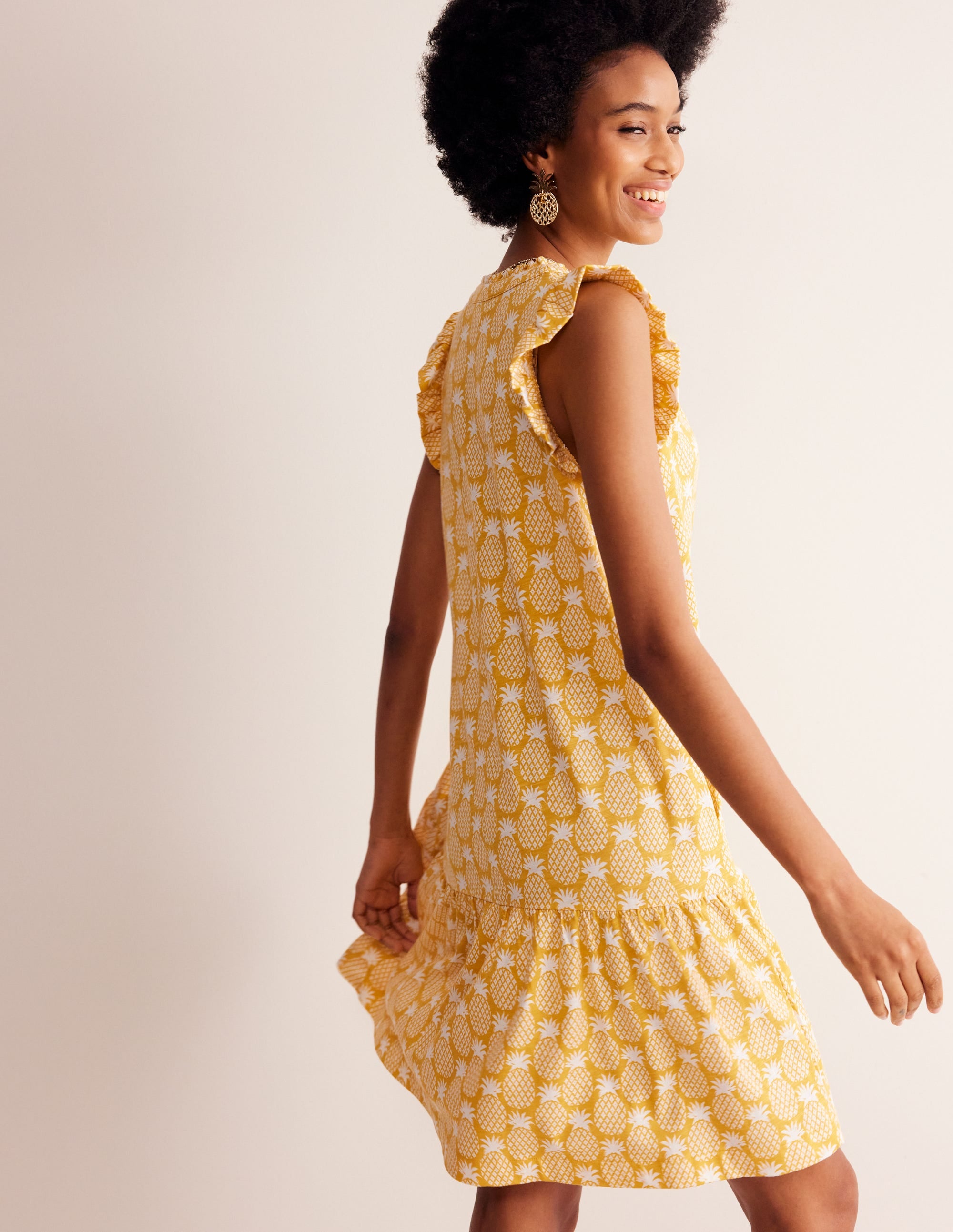 Daisy Jersey Short Tier Dress-Ceylon Yellow, Pineapple Geo - Image 3