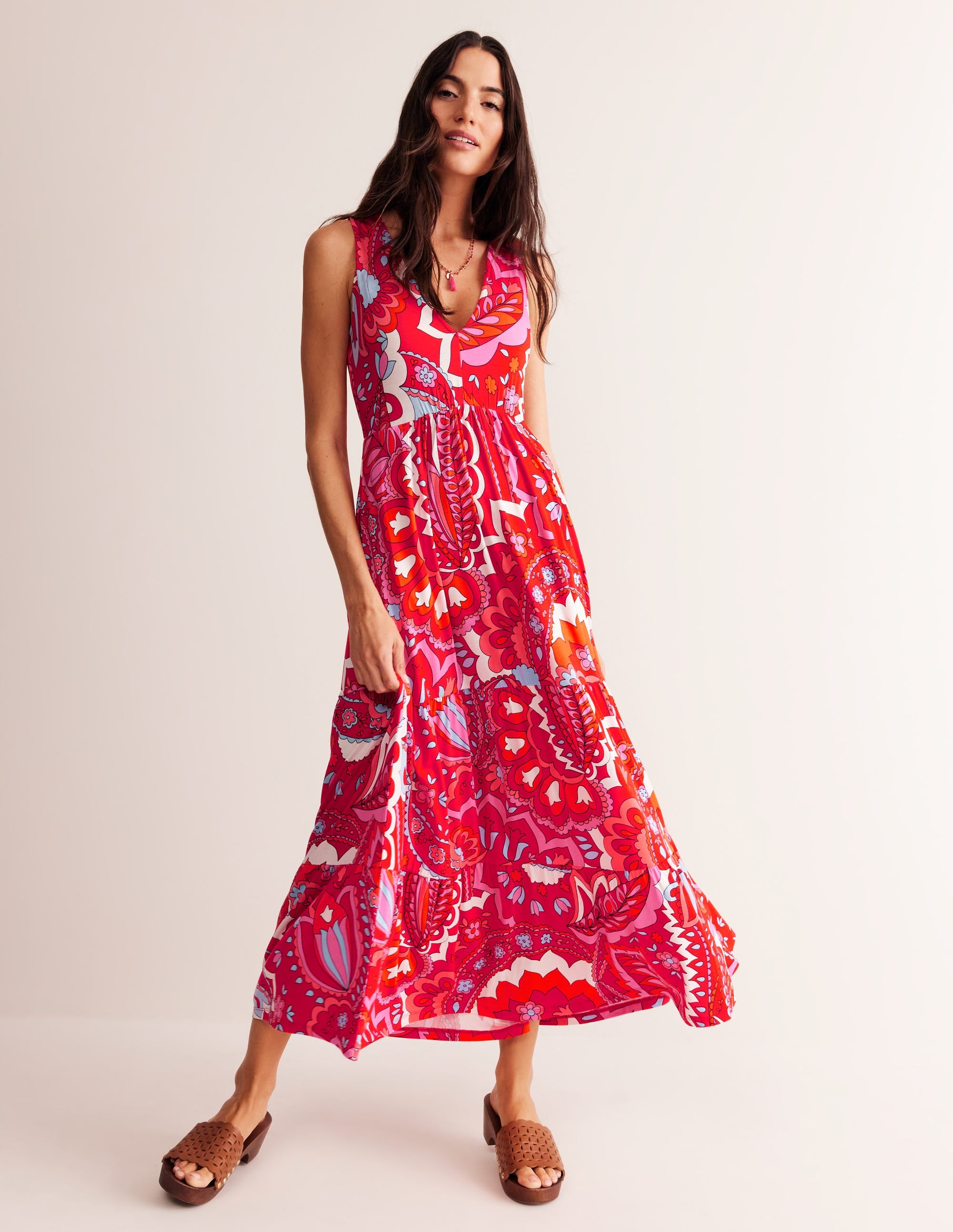 Sylvia Jersey Maxi Tier Dress-Flame Scarlet, Foliage Paisley - Image 1