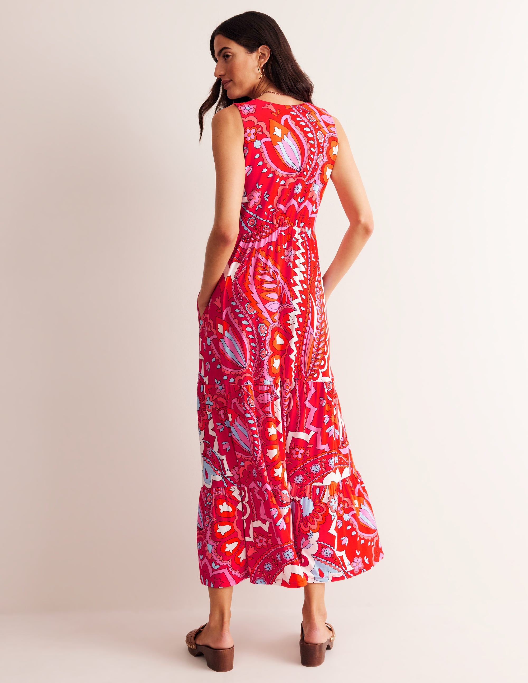 Sylvia Jersey Maxi Tier Dress-Flame Scarlet, Foliage Paisley - Image 3