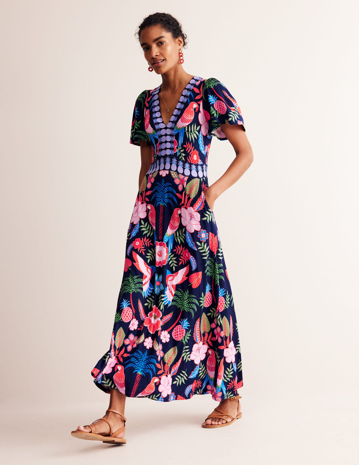 Ellie Flutter Maxi Tea Dress-Multi, Tropic Parrot-2