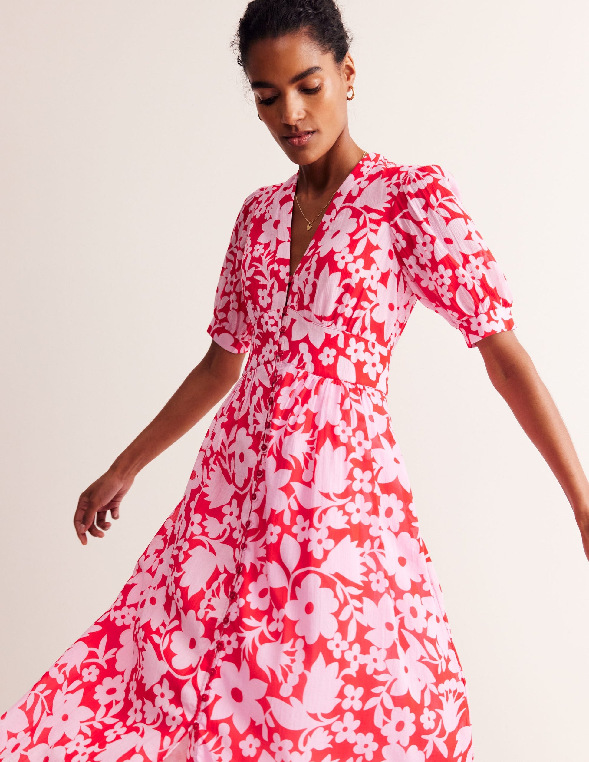 Elsa Crinkle Midi Tea Dress-Flame Scarlet, Tulip Garden-1