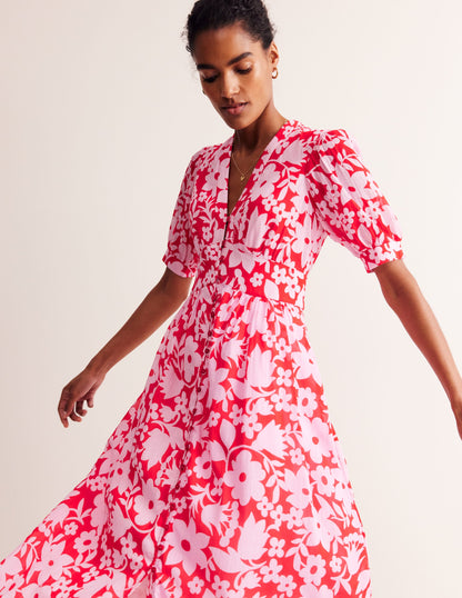 Elsa Crinkle Midi Tea Dress-Flame Scarlet, Tulip Garden-1