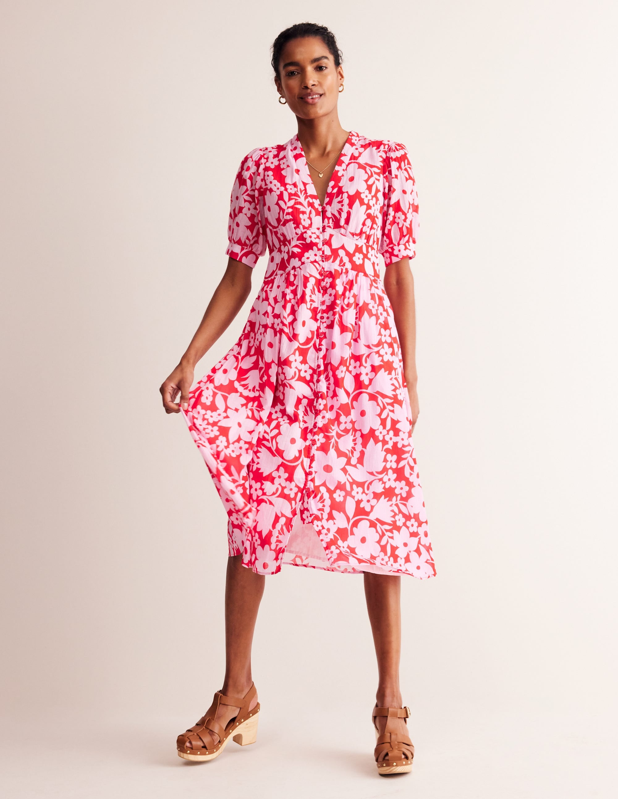 Elsa Crinkle Midi Tea Dress-Flame Scarlet, Tulip Garden - Image 2