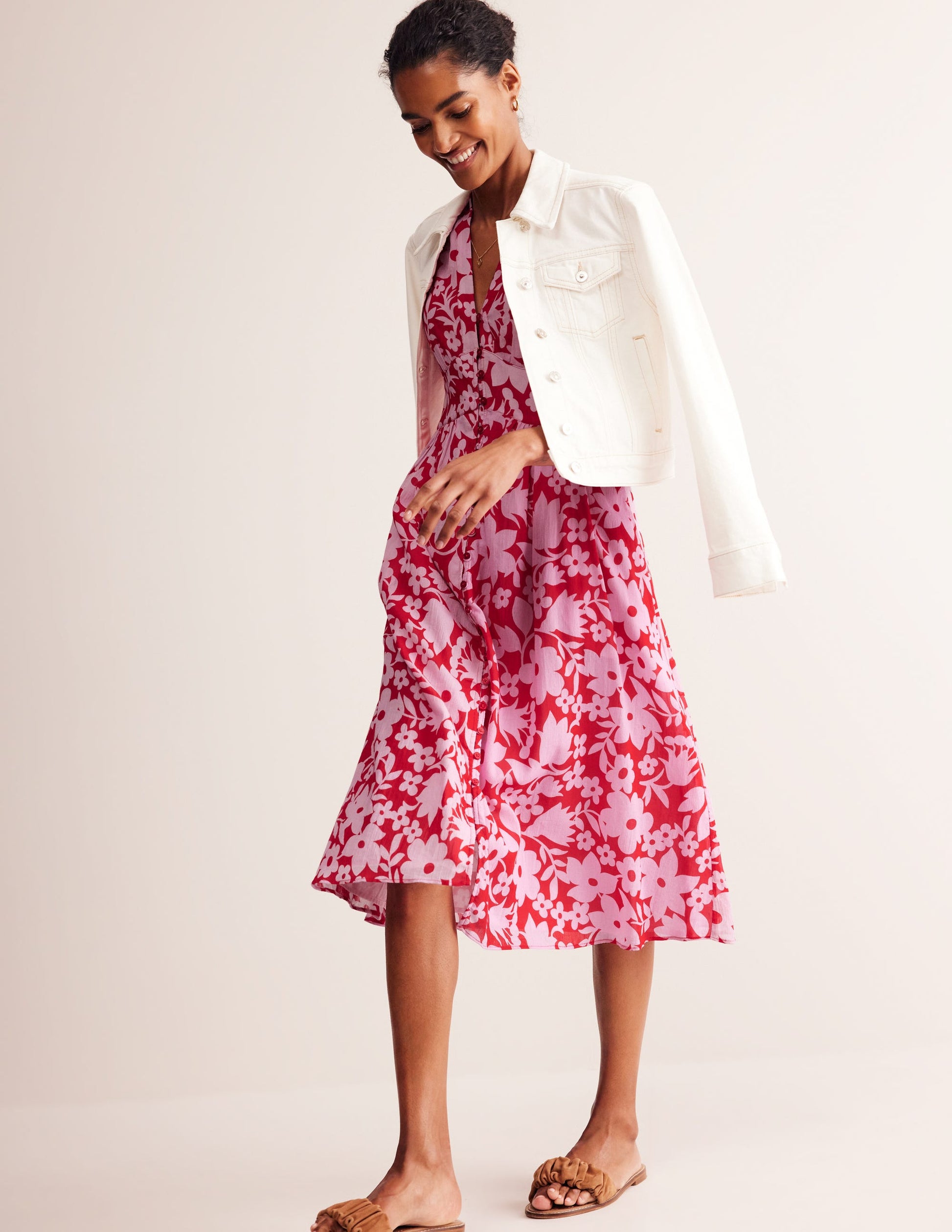 Elsa Crinkle Midi Tea Dress-Flame Scarlet, Tulip Garden-6