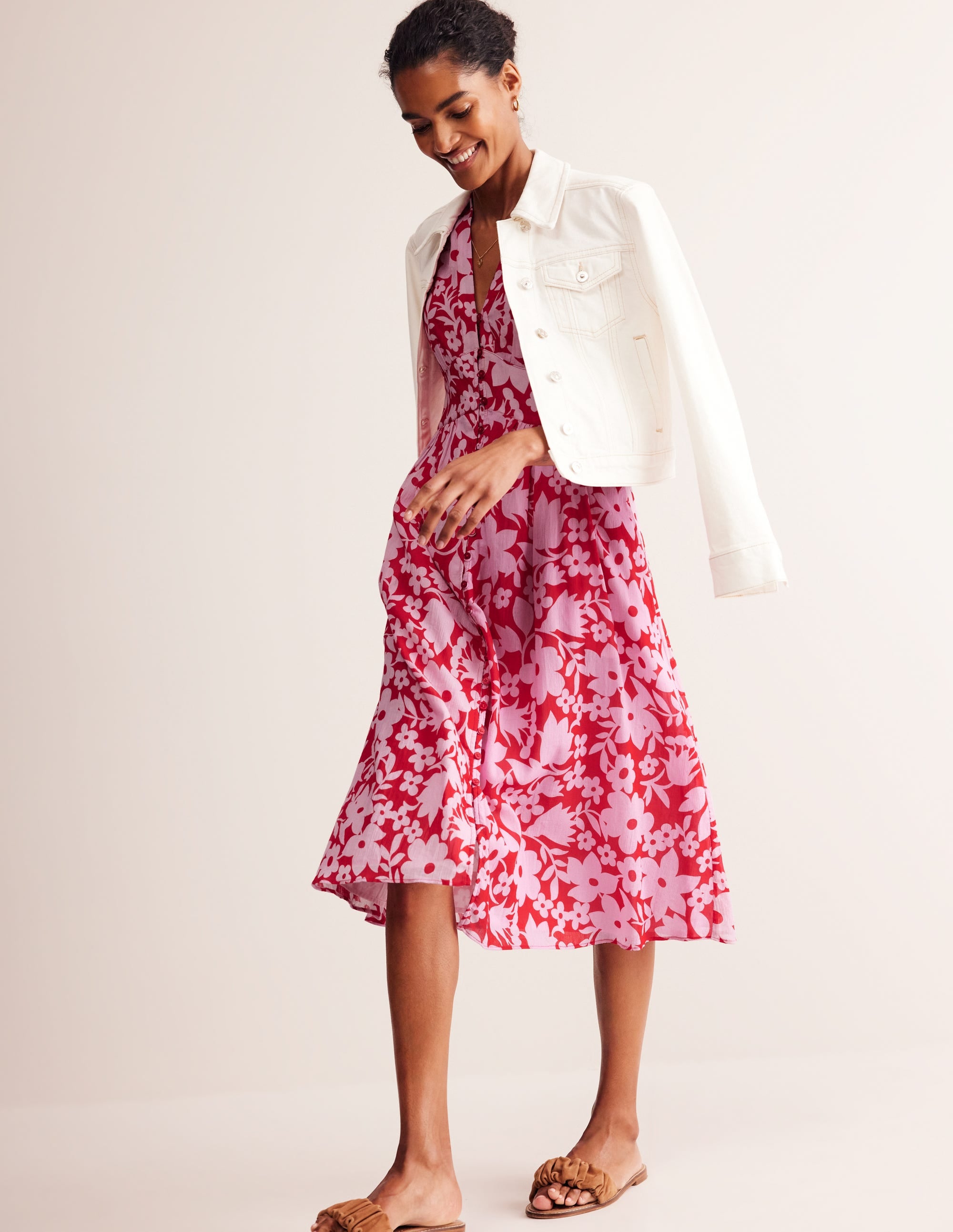 Elsa Crinkle Midi Tea Dress-Flame Scarlet, Tulip Garden - Image 6