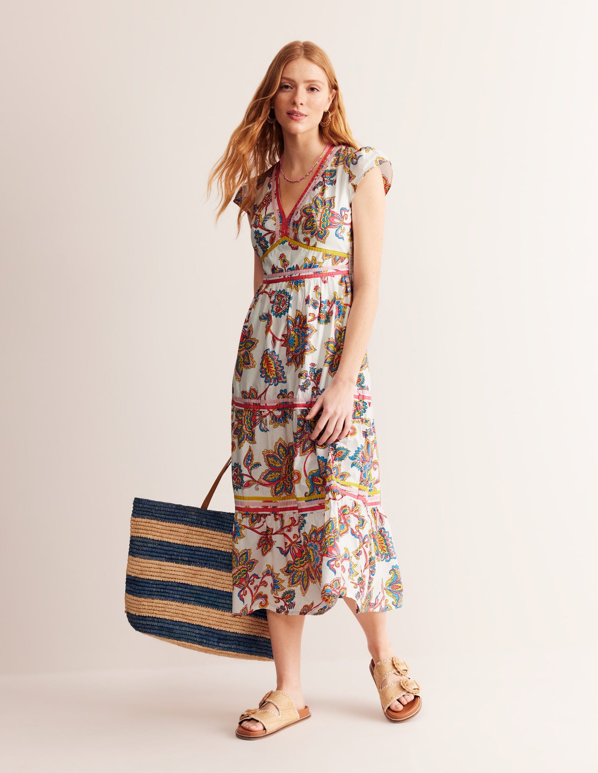 May Cotton Midi Tea Dress-Ivory, Dahlia Bloom-5