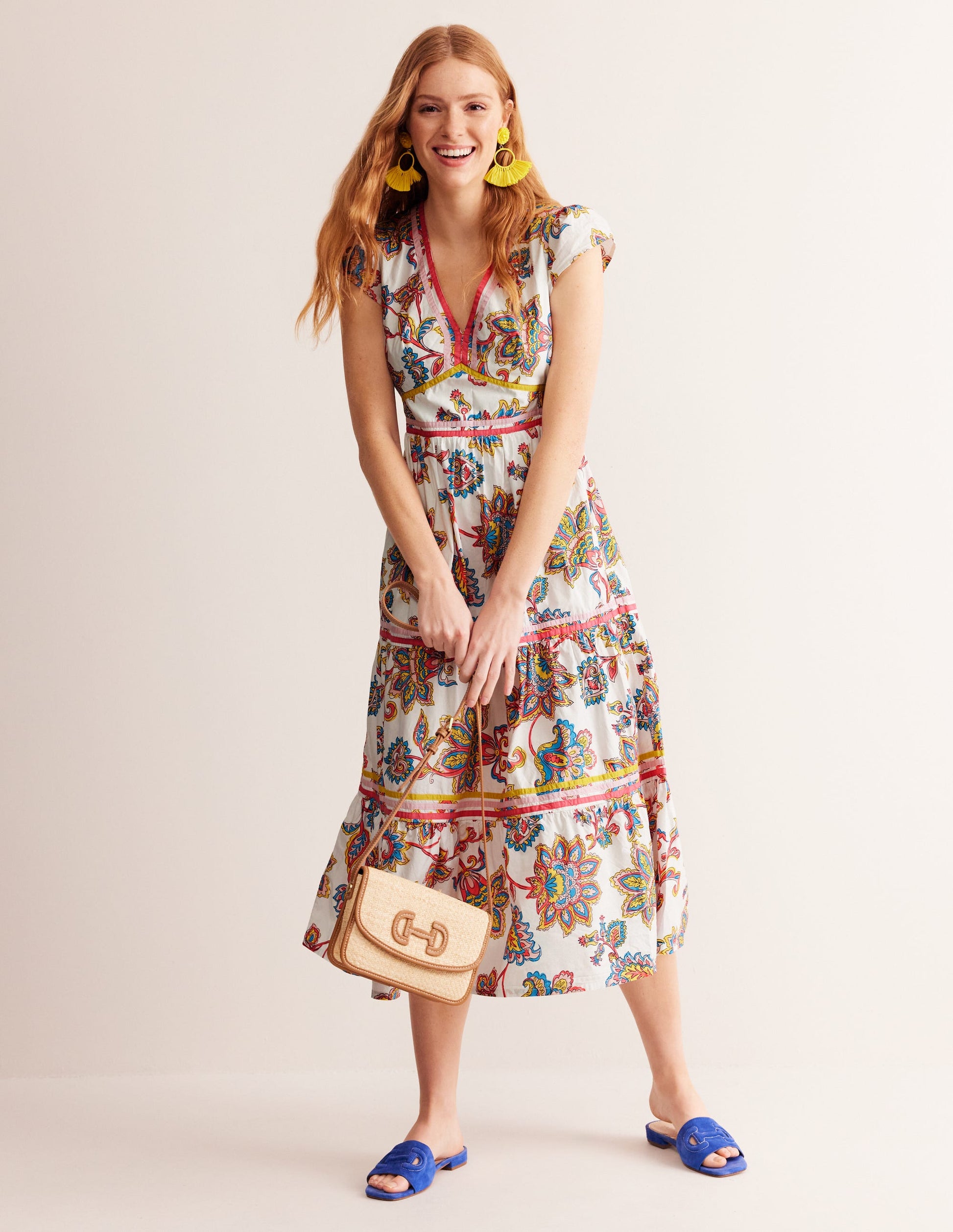 May Cotton Midi Tea Dress-Ivory, Dahlia Bloom-7