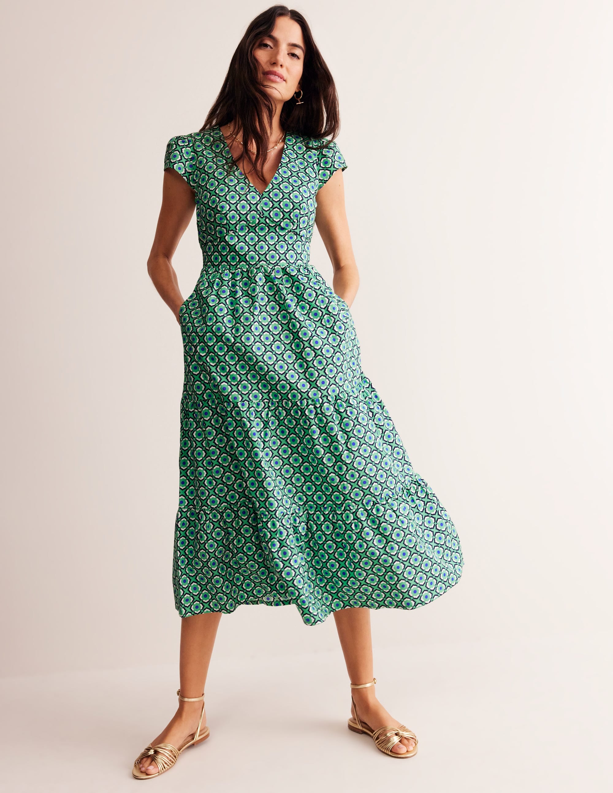May Cotton Midi Tea Dress-Ming Green, Geo Pome - Image 1