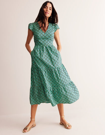 May Cotton Midi Tea Dress-Ming Green, Geo Pome-1