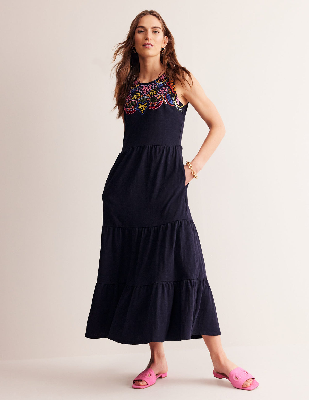 Embroidered Jersey Midi Dress-Navy-1