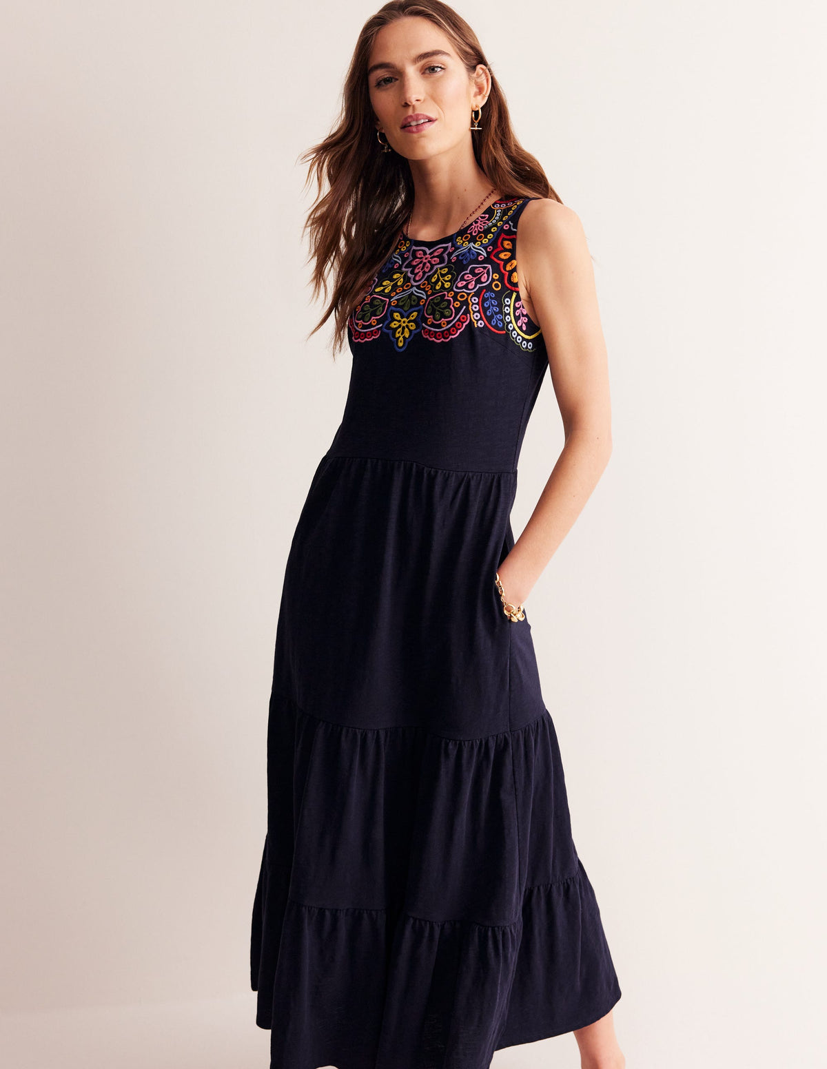 Embroidered Jersey Midi Dress-Navy - Image 4