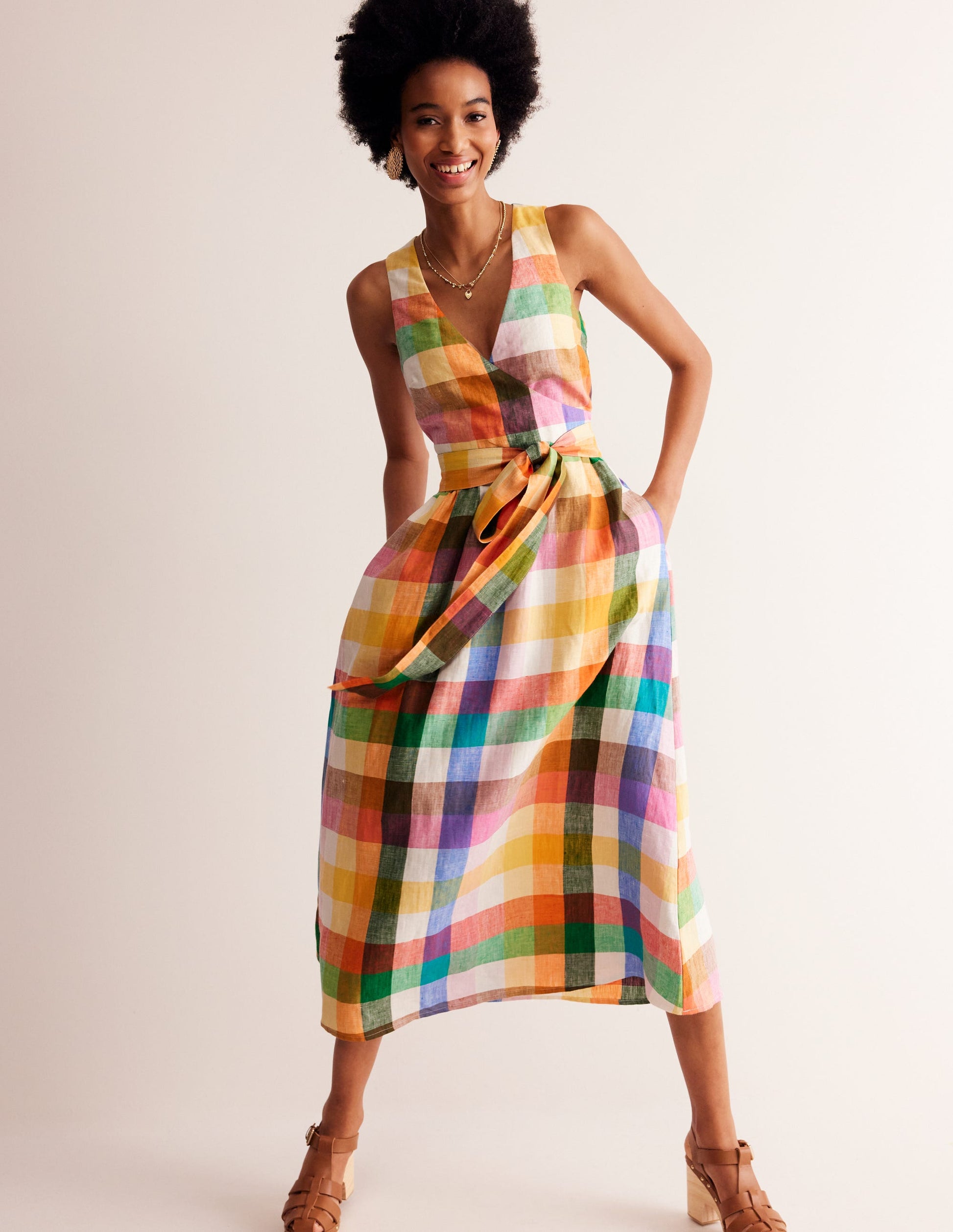 Linen Wrap Midi Dress-Bright Neon Multigingham-1