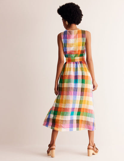 Linen Wrap Midi Dress-Bright Neon Multigingham-3