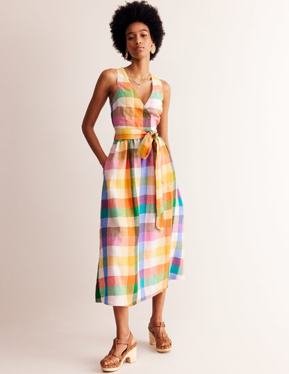 Linen Wrap Midi Dress-Bright Neon Multigingham-4