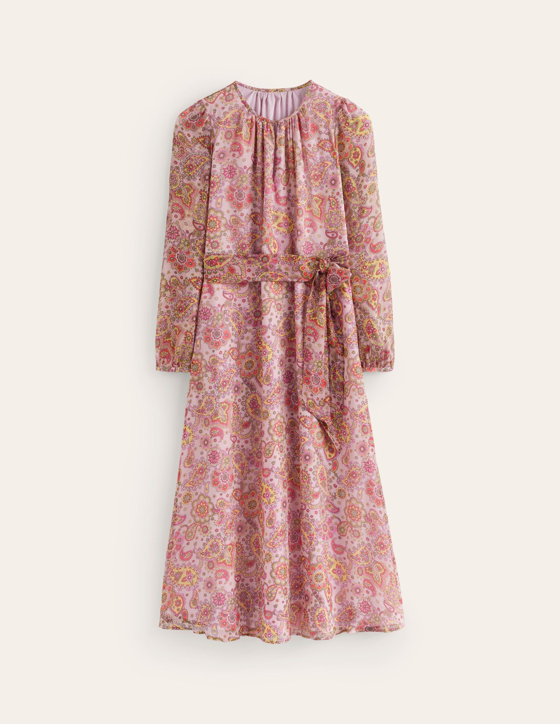 Silk Midi Blouson Sleeve Dress-Milkshake, Paisley Field-7