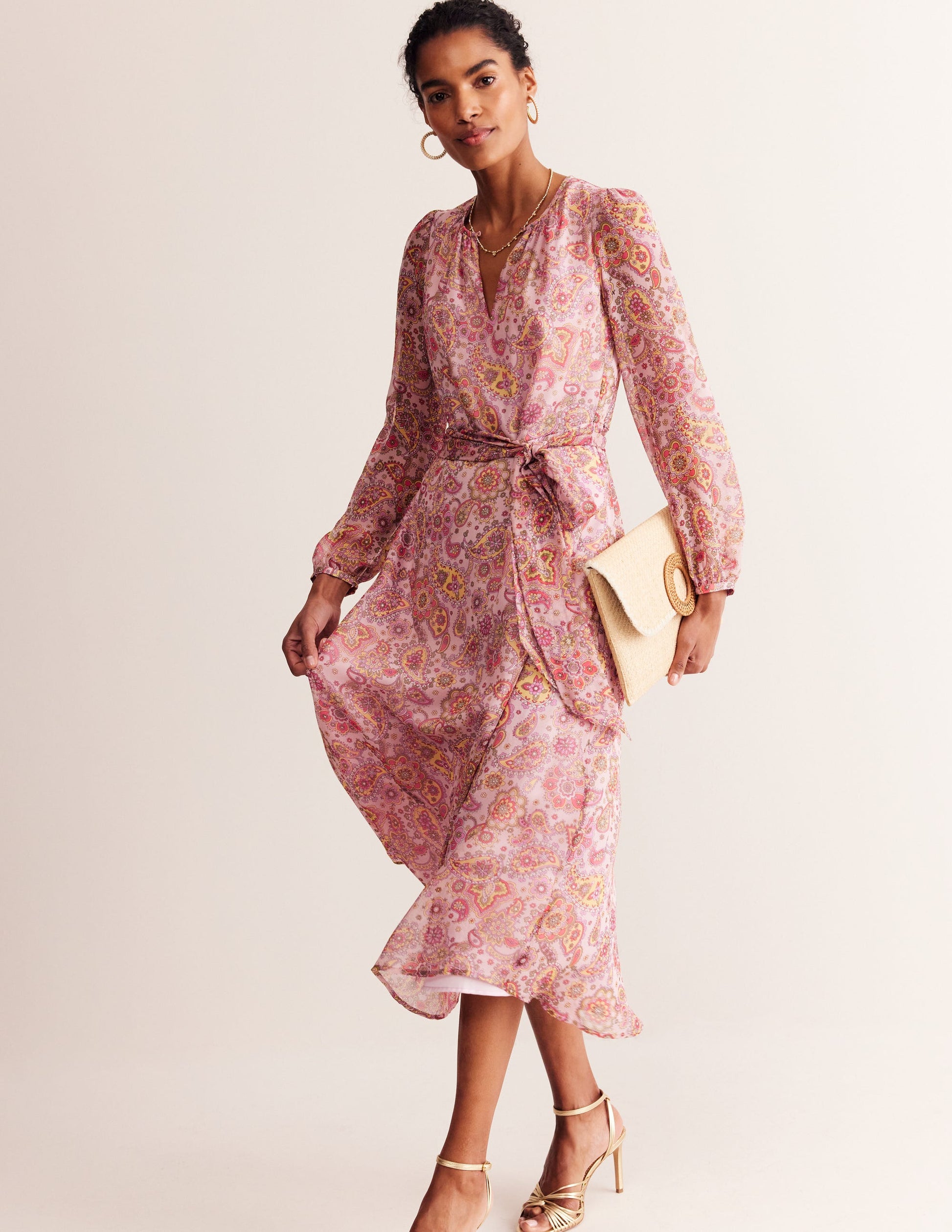 Silk Midi Blouson Sleeve Dress-Milkshake, Paisley Field-1