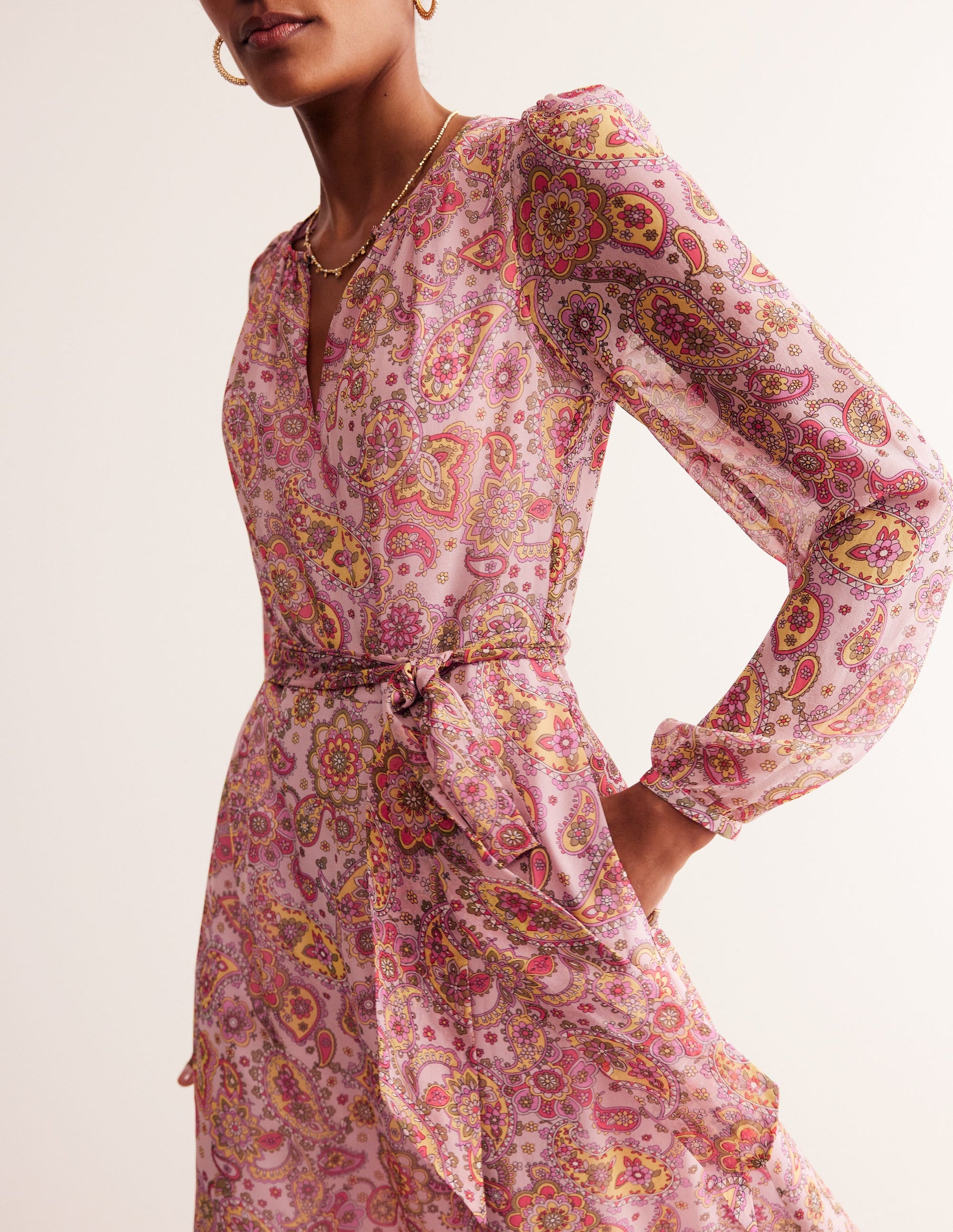 Silk Midi Blouson Sleeve Dress-Milkshake, Paisley Field-2