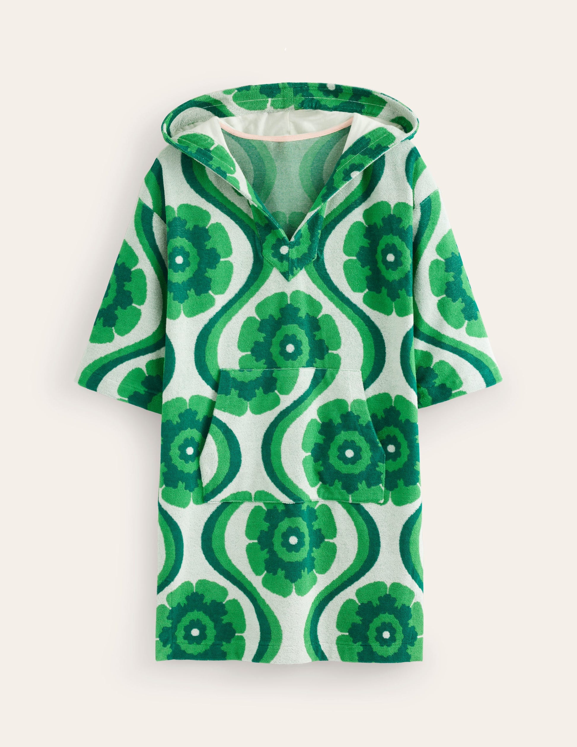 Hooded Towelling Short Kaftan-Stone Green, Geo Floret-5