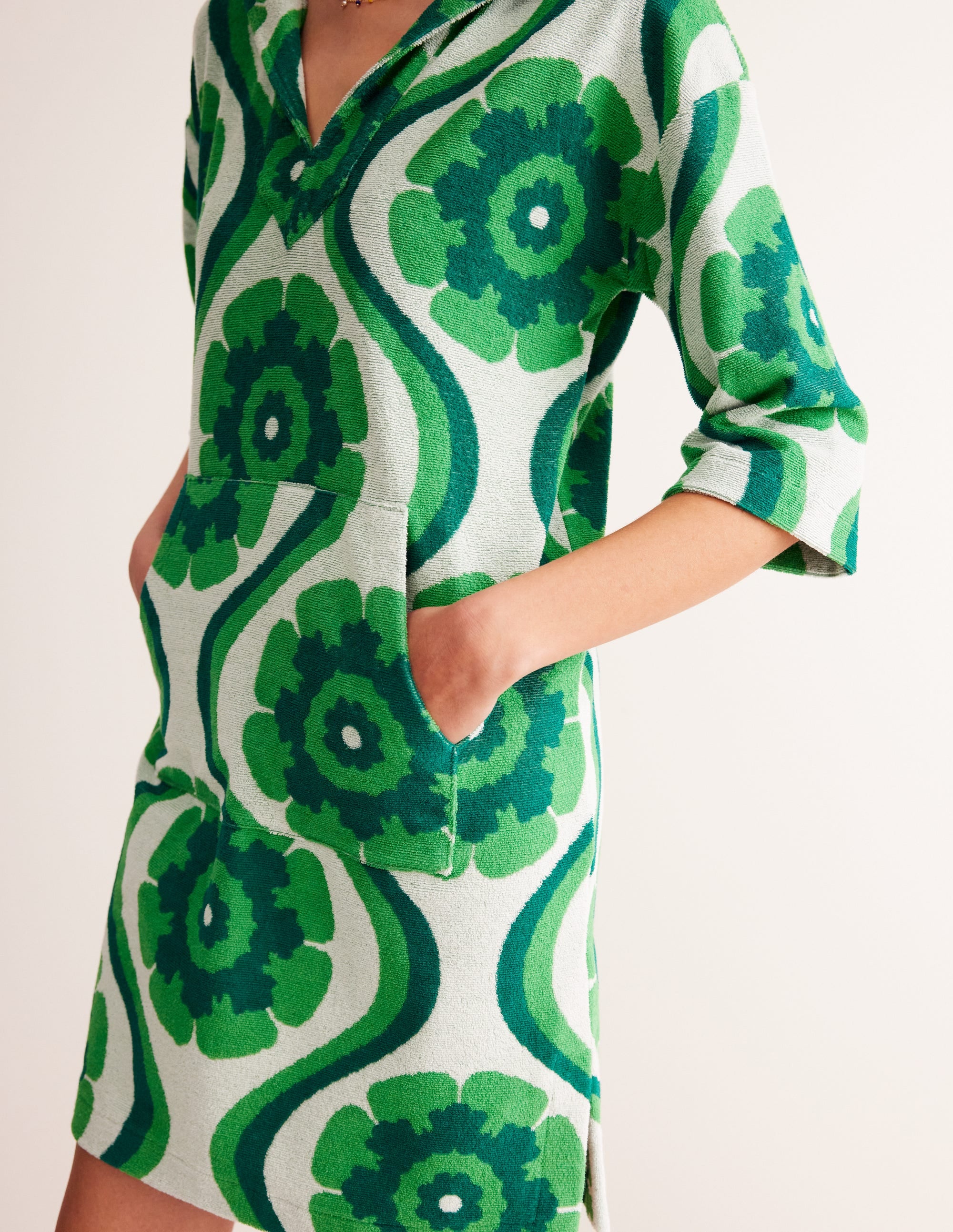 Hooded Towelling Short Kaftan-Stone Green, Geo Floret - Image 2