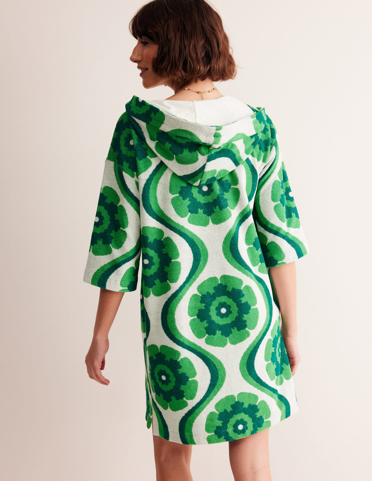 Hooded Towelling Short Kaftan-Stone Green, Geo Floret - Image 3