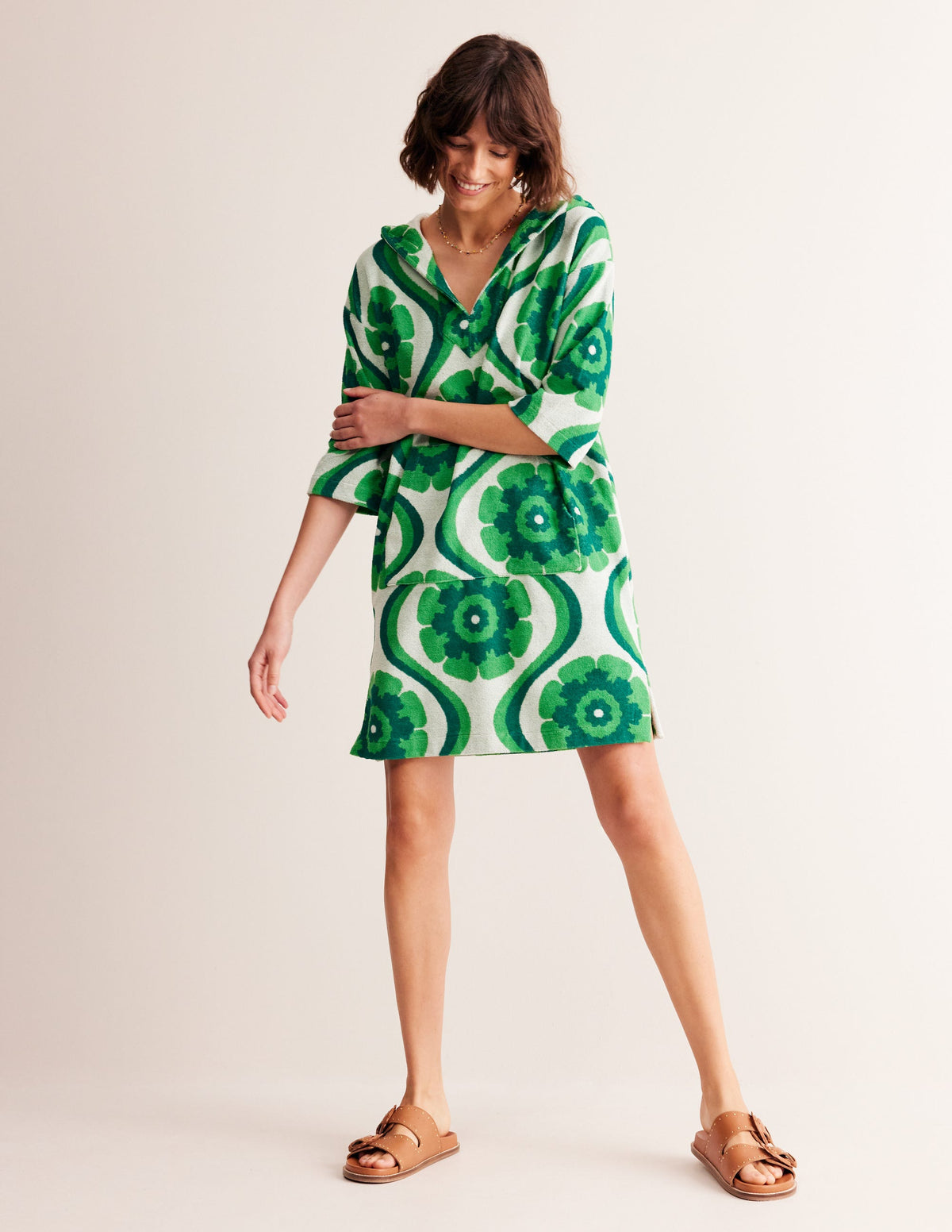 Hooded Towelling Short Kaftan-Stone Green, Geo Floret - Image 4