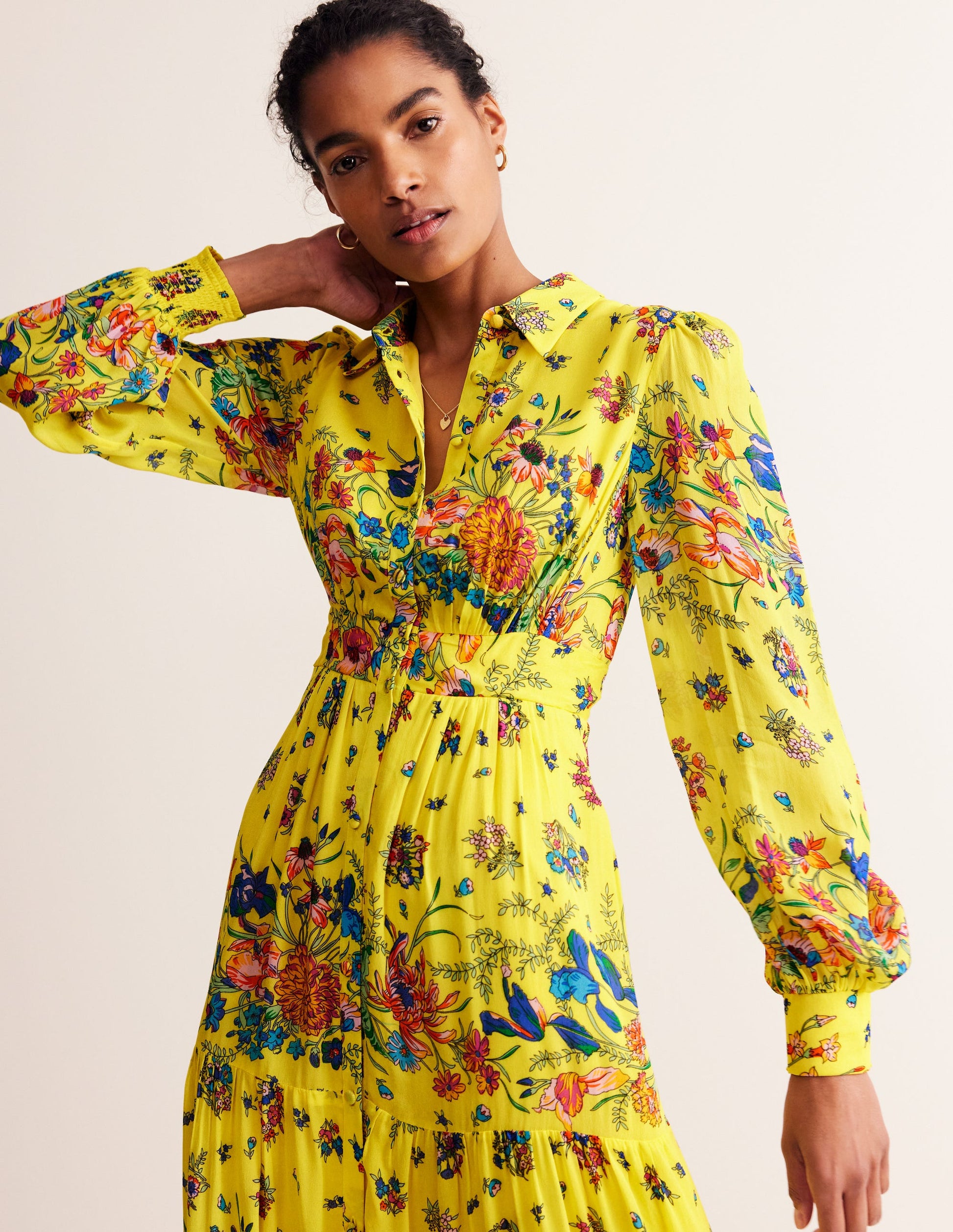 Occasion Maxi Shirt Dress-Vibrant Yellow, Gardenia Bloom-1