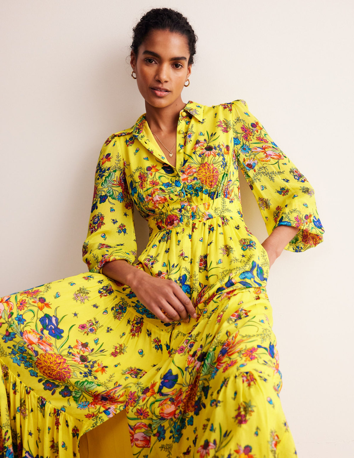 Occasion Maxi Shirt Dress-Vibrant Yellow, Gardenia Bloom - Image 4