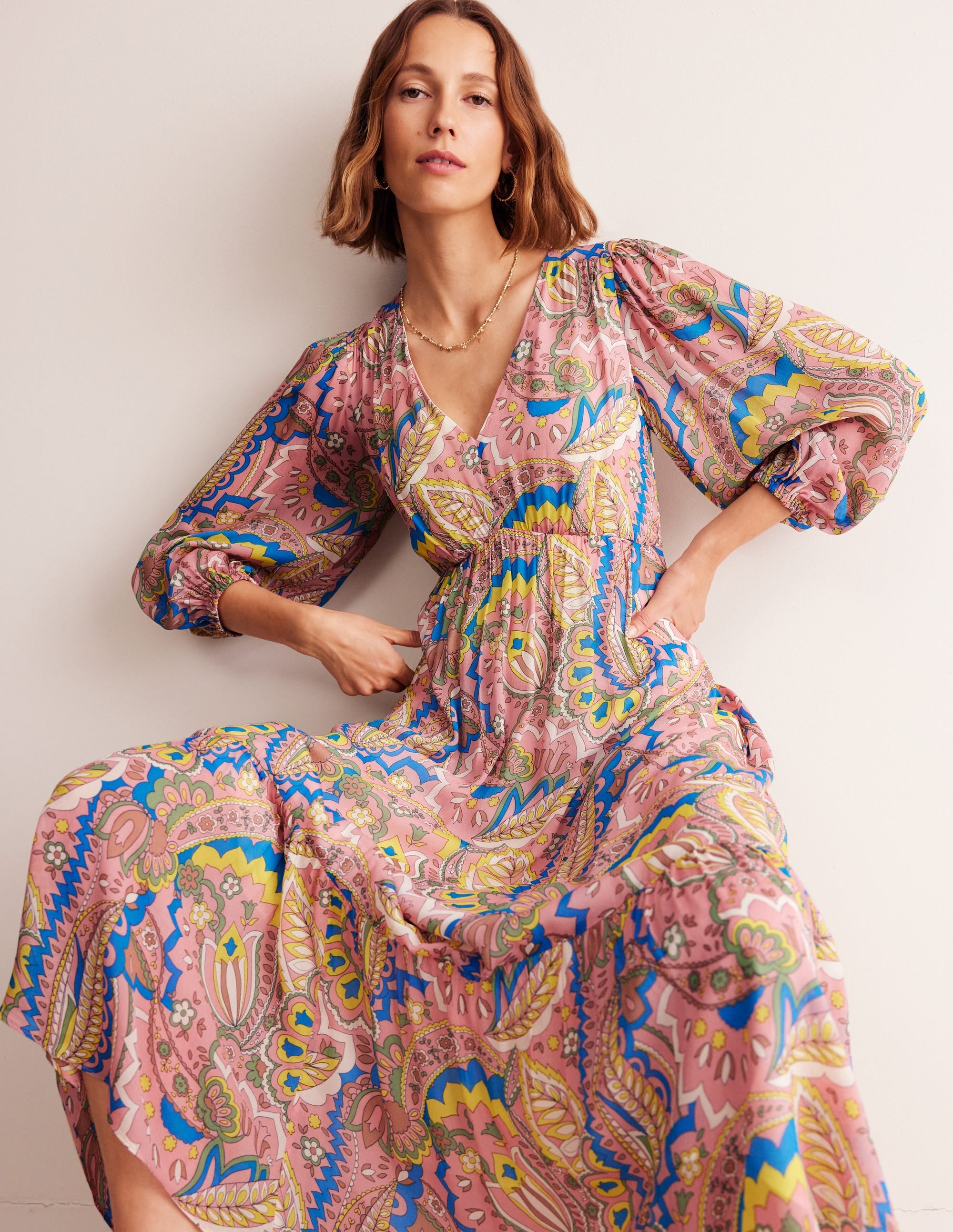 V Neck Puff Maxi Dress-Multi, Foliage Paisley - Image 1