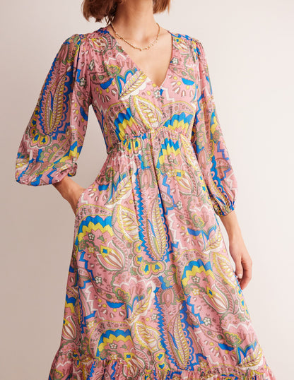 V Neck Puff Maxi Dress-Multi, Foliage Paisley-2