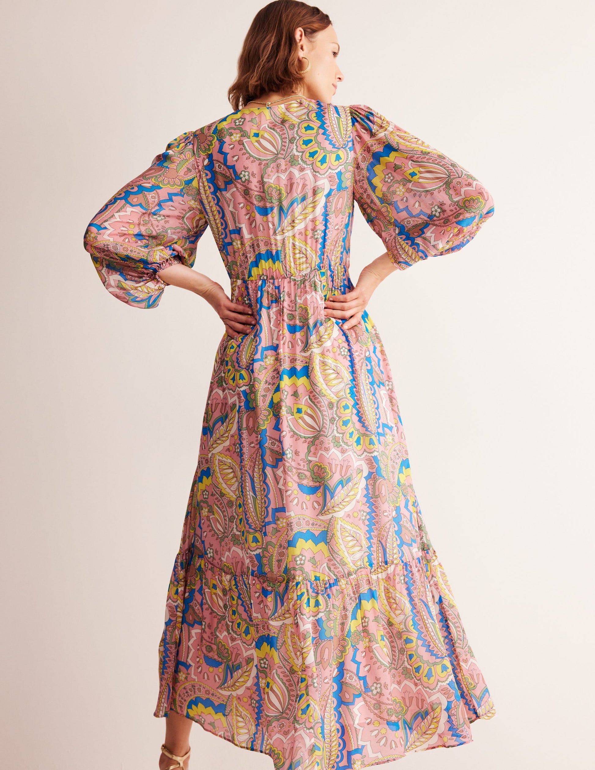 V Neck Puff Maxi Dress-Multi, Foliage Paisley-3