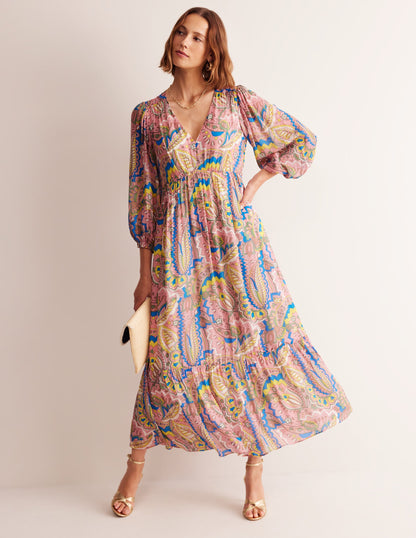 V Neck Puff Maxi Dress-Multi, Foliage Paisley-4