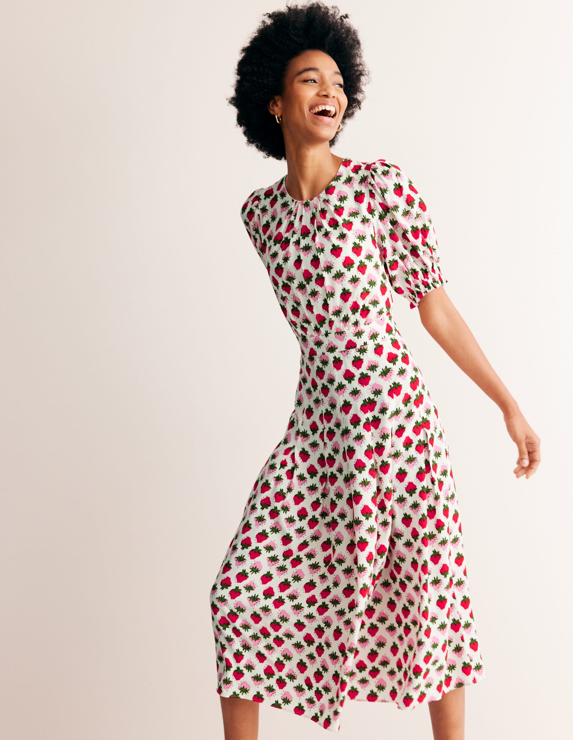 Liv Pleat Detail Midi Dress-Ivory, Strawberry Pop - Image 4