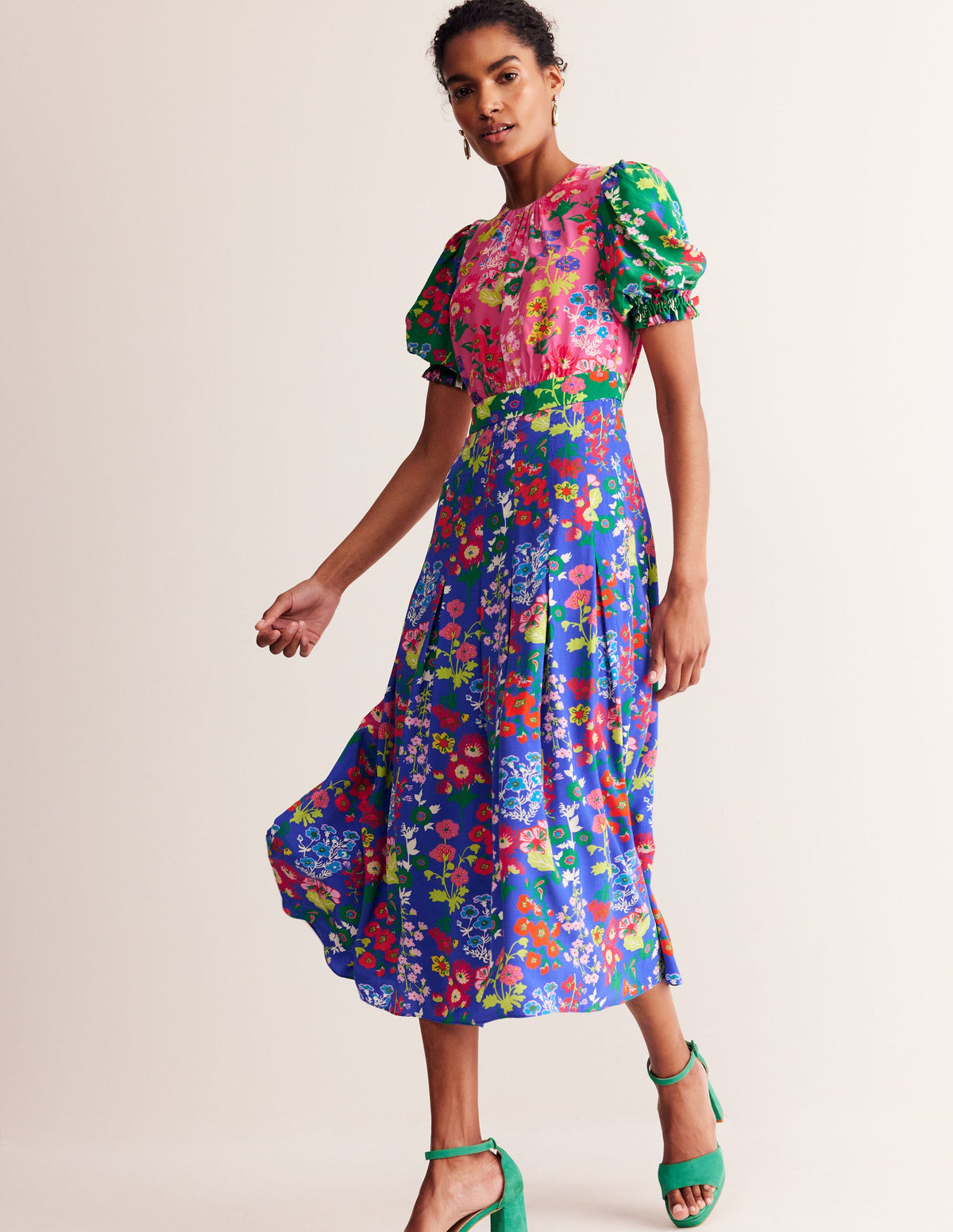 Liv Pleat Detail Midi Dress-Multi, Wildflower Cluster - Image 4