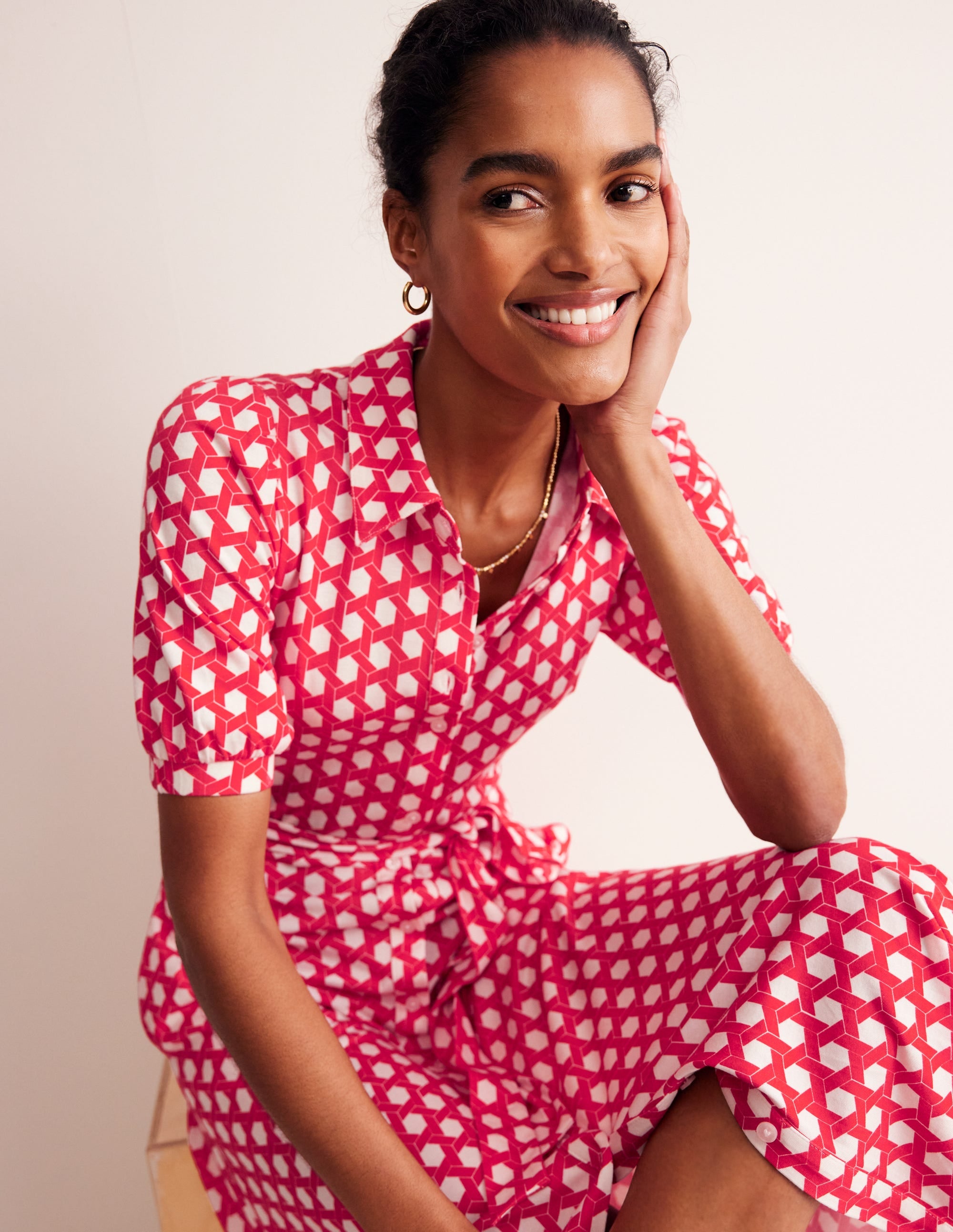 Libby Jersey Midi Shirt Dress-Flame Scarlet, Honeycomb Geo - Image 1