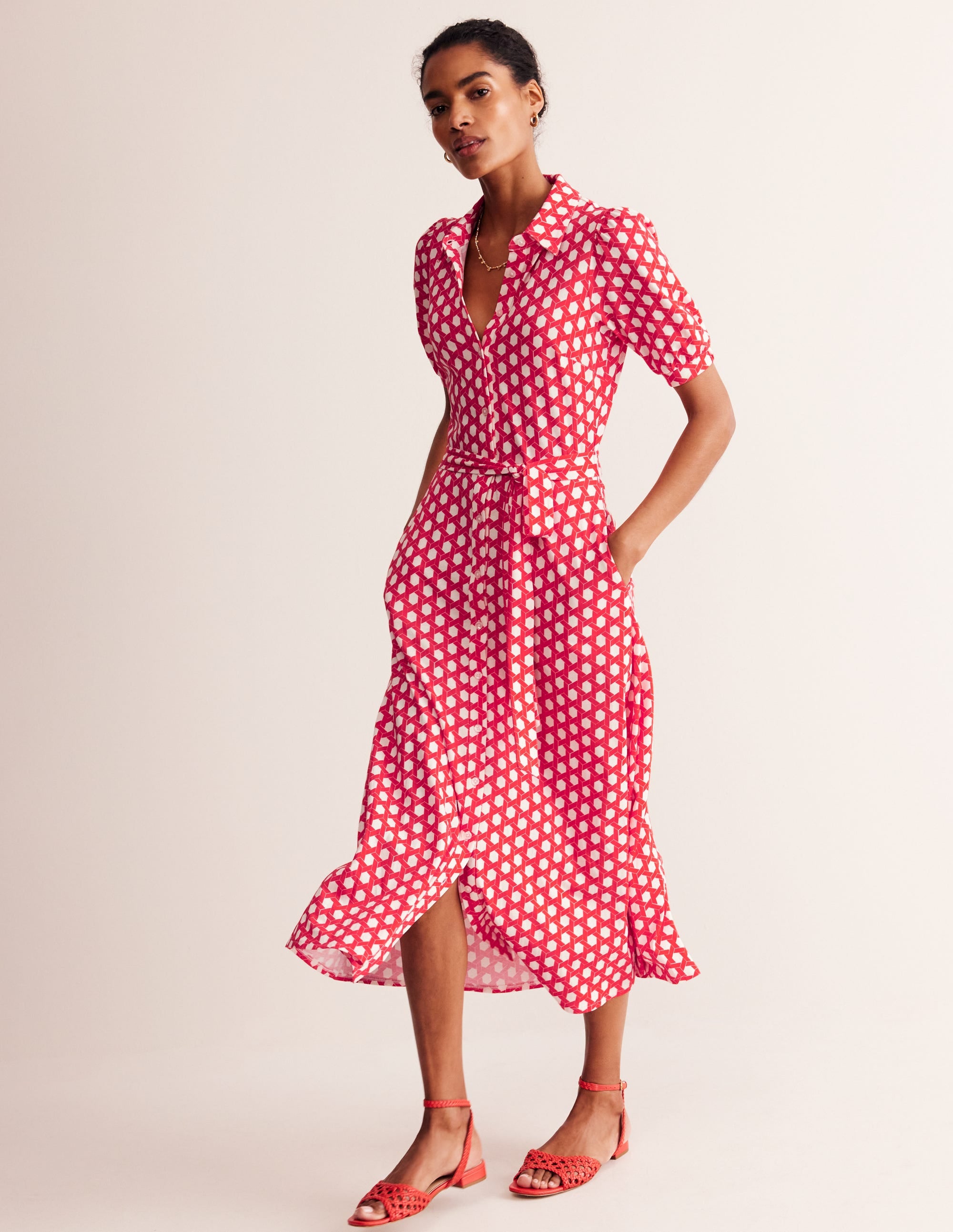 Libby Jersey Midi Shirt Dress-Flame Scarlet, Honeycomb Geo - Image 2