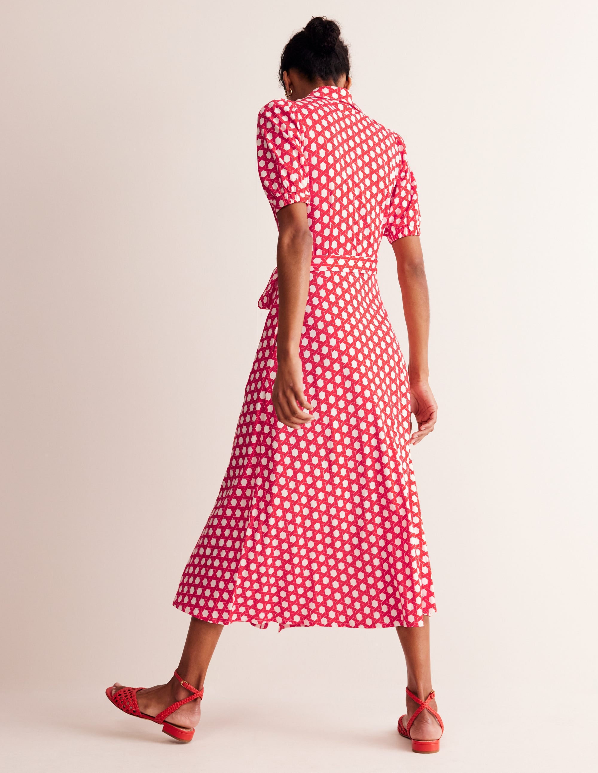 Libby Jersey Midi Shirt Dress-Flame Scarlet, Honeycomb Geo - Image 4