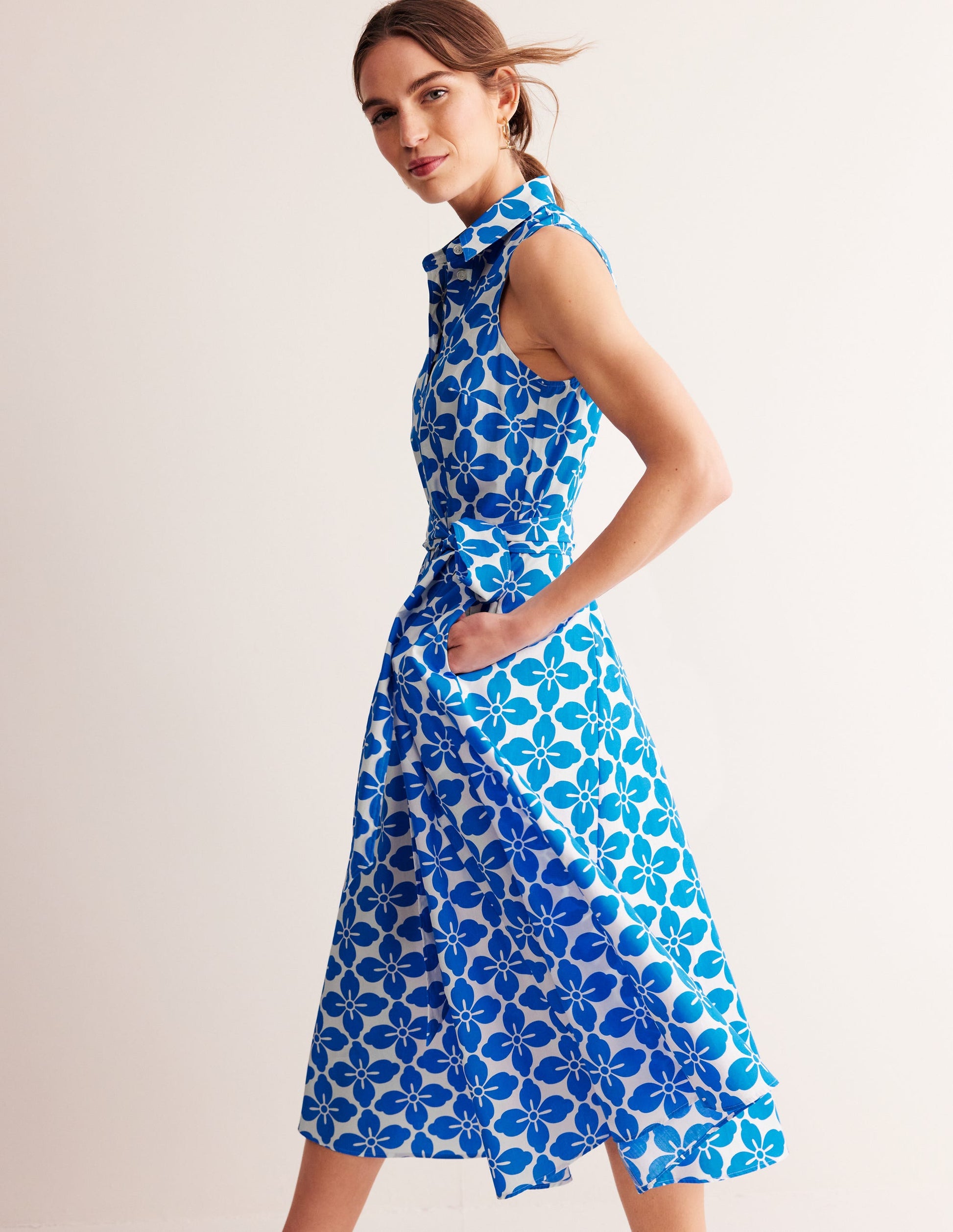 Amy Sleeveless Shirt Dress-Indigo Bunting, Floral Tile-1