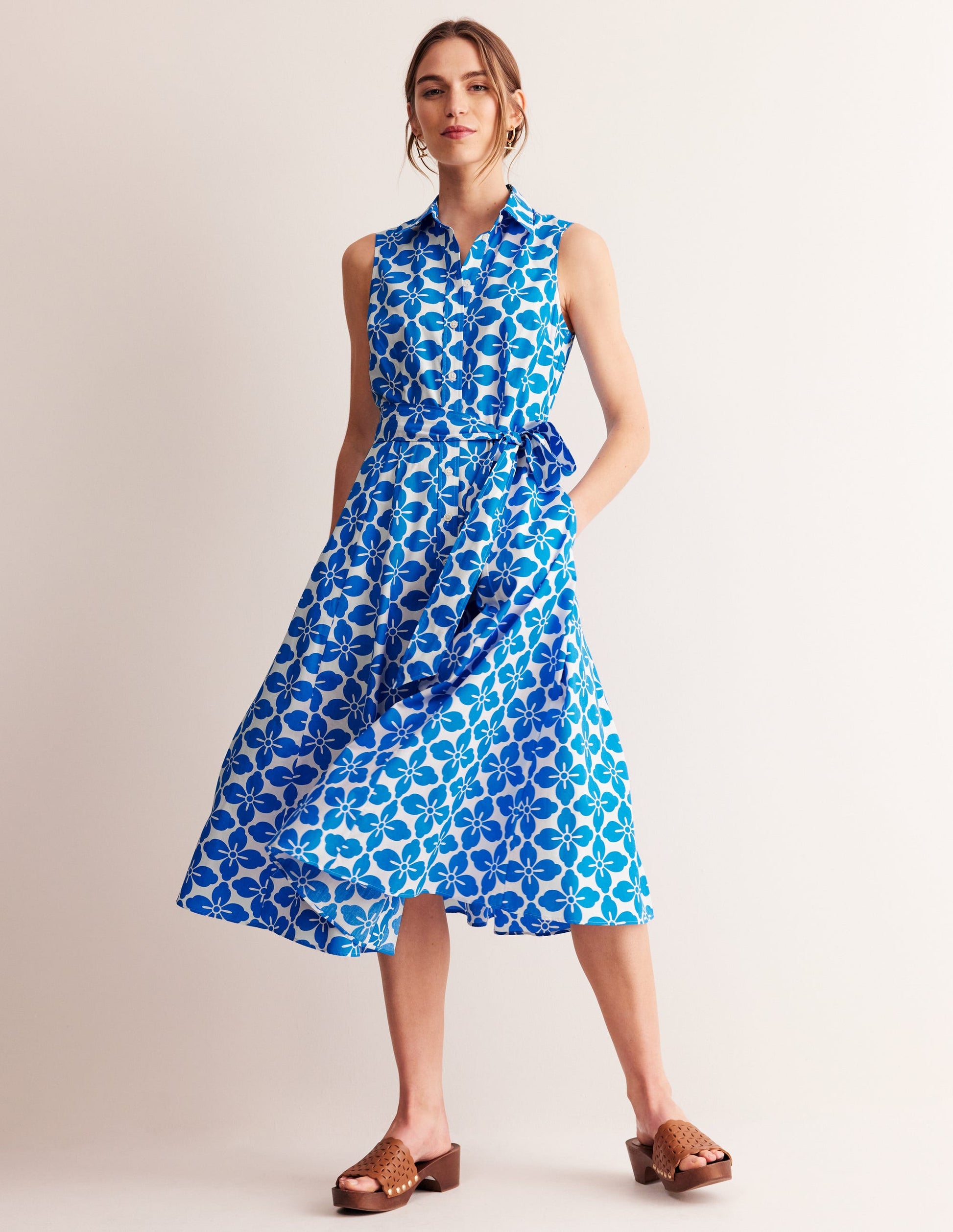 Amy Sleeveless Shirt Dress-Indigo Bunting, Floral Tile-2