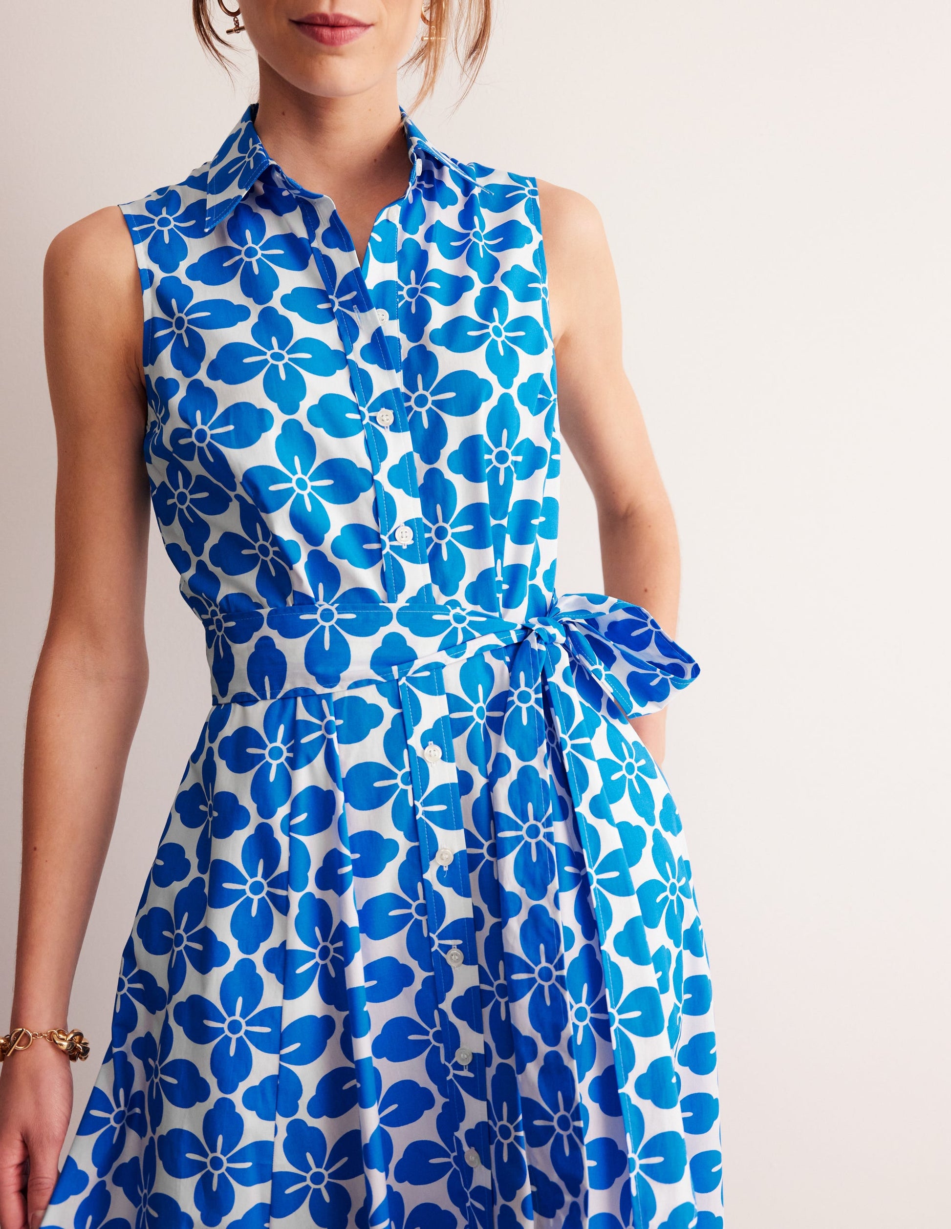 Amy Sleeveless Shirt Dress-Indigo Bunting, Floral Tile-3