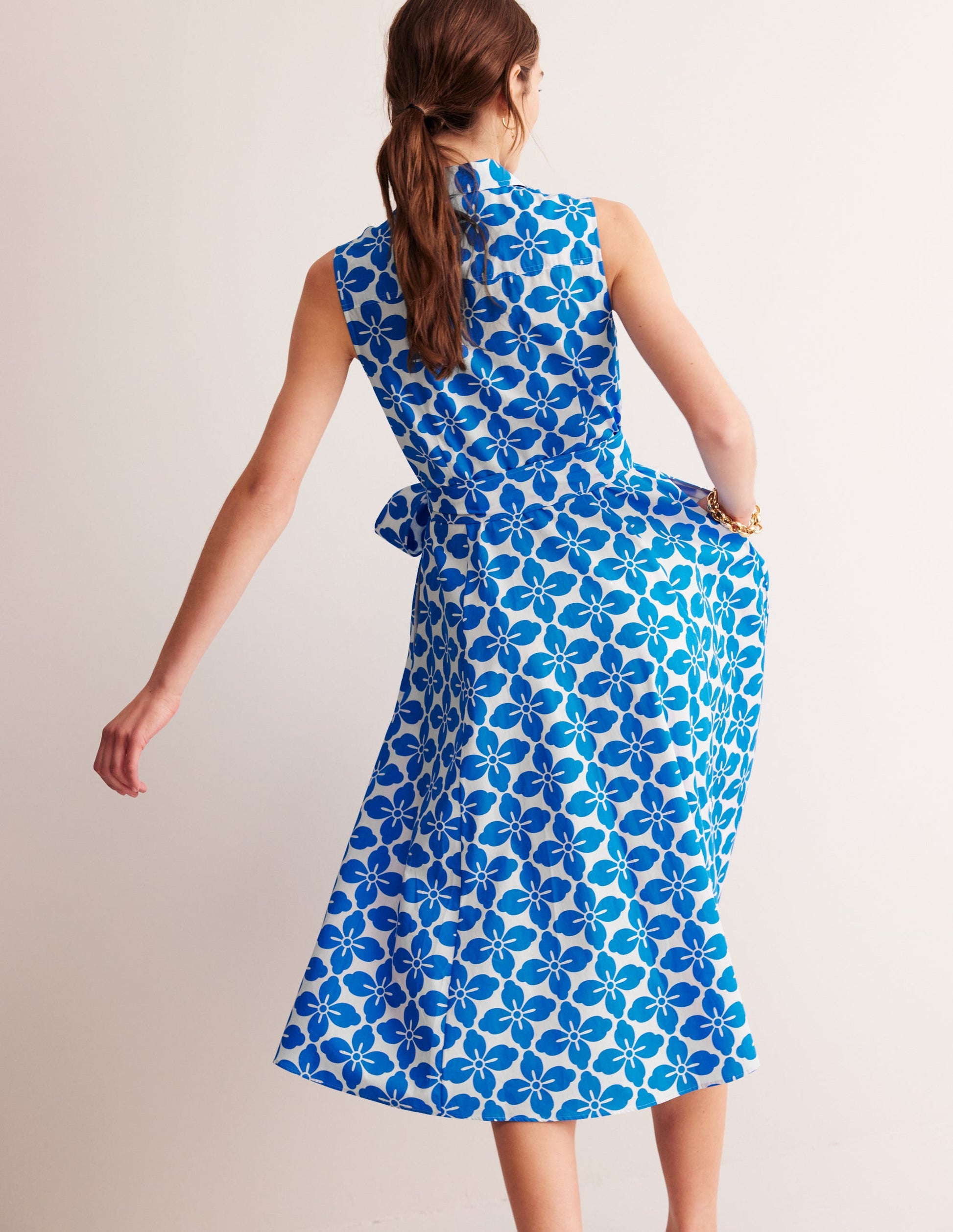 Amy Sleeveless Shirt Dress-Indigo Bunting, Floral Tile-4
