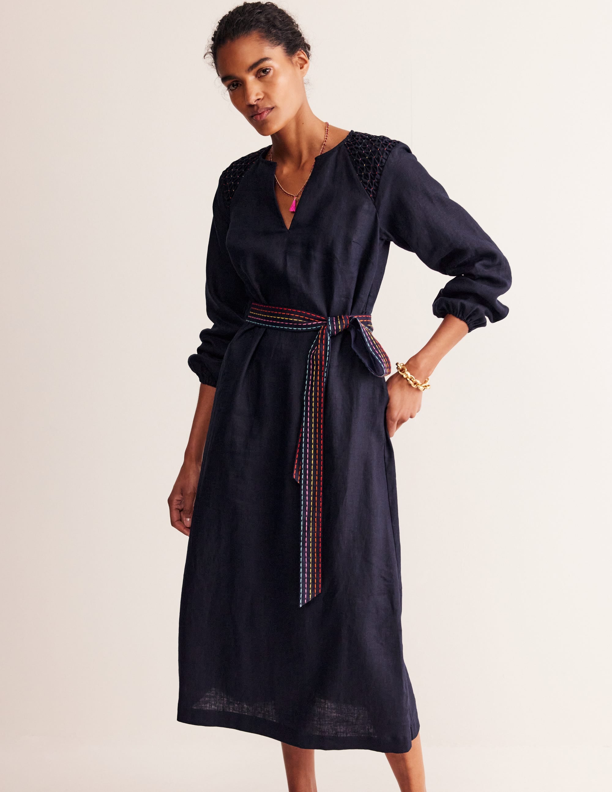 Linen Midi Smocked Dress-Navy - Image 1