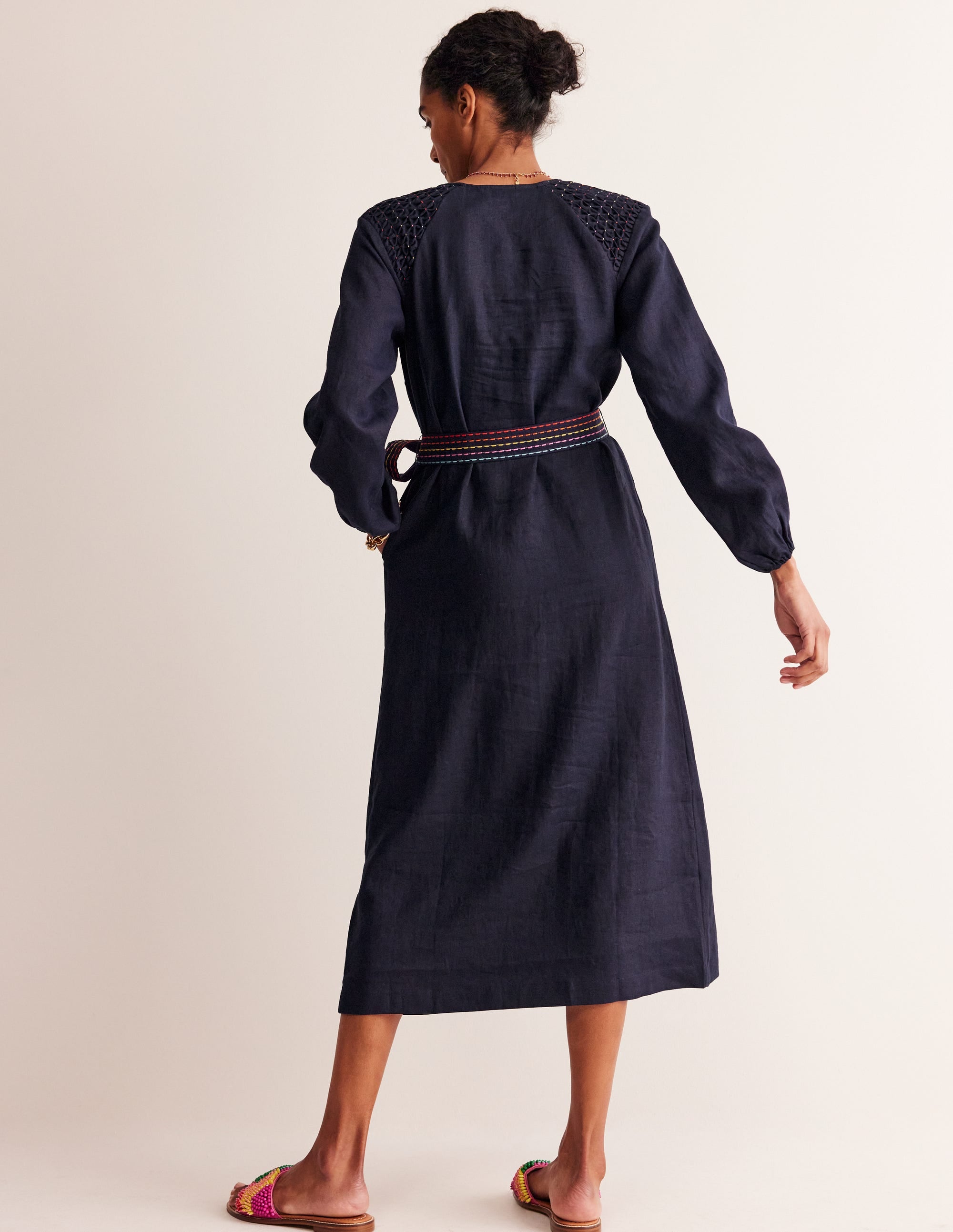 Linen Midi Smocked Dress-Navy - Image 3