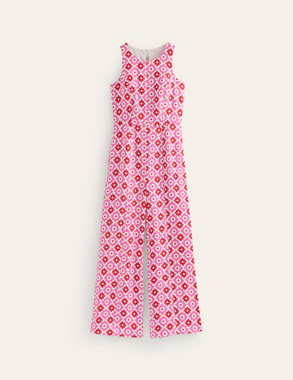 Carla Linen Jumpsuit-Pink Power, Geometric Stamp-6