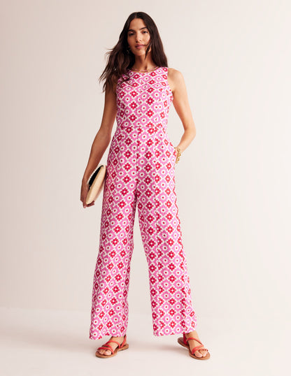 Carla Linen Jumpsuit-Pink Power, Geometric Stamp-2