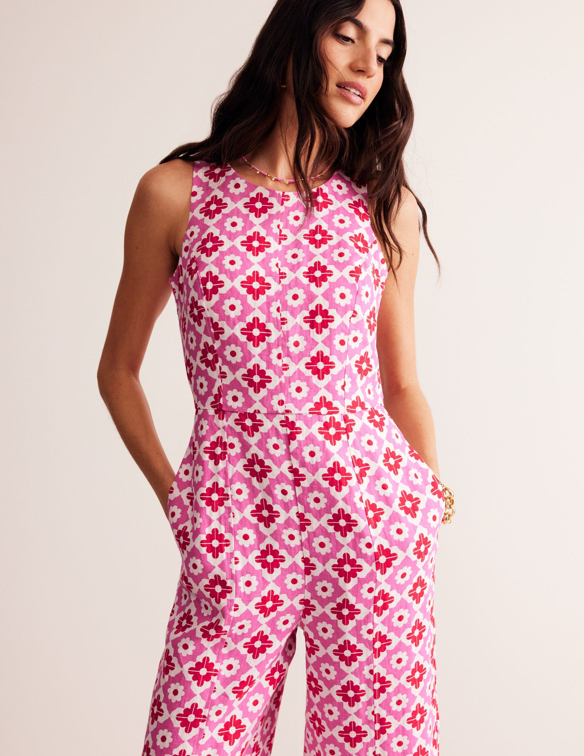 Carla Linen Jumpsuit-Pink Power, Geometric Stamp-3