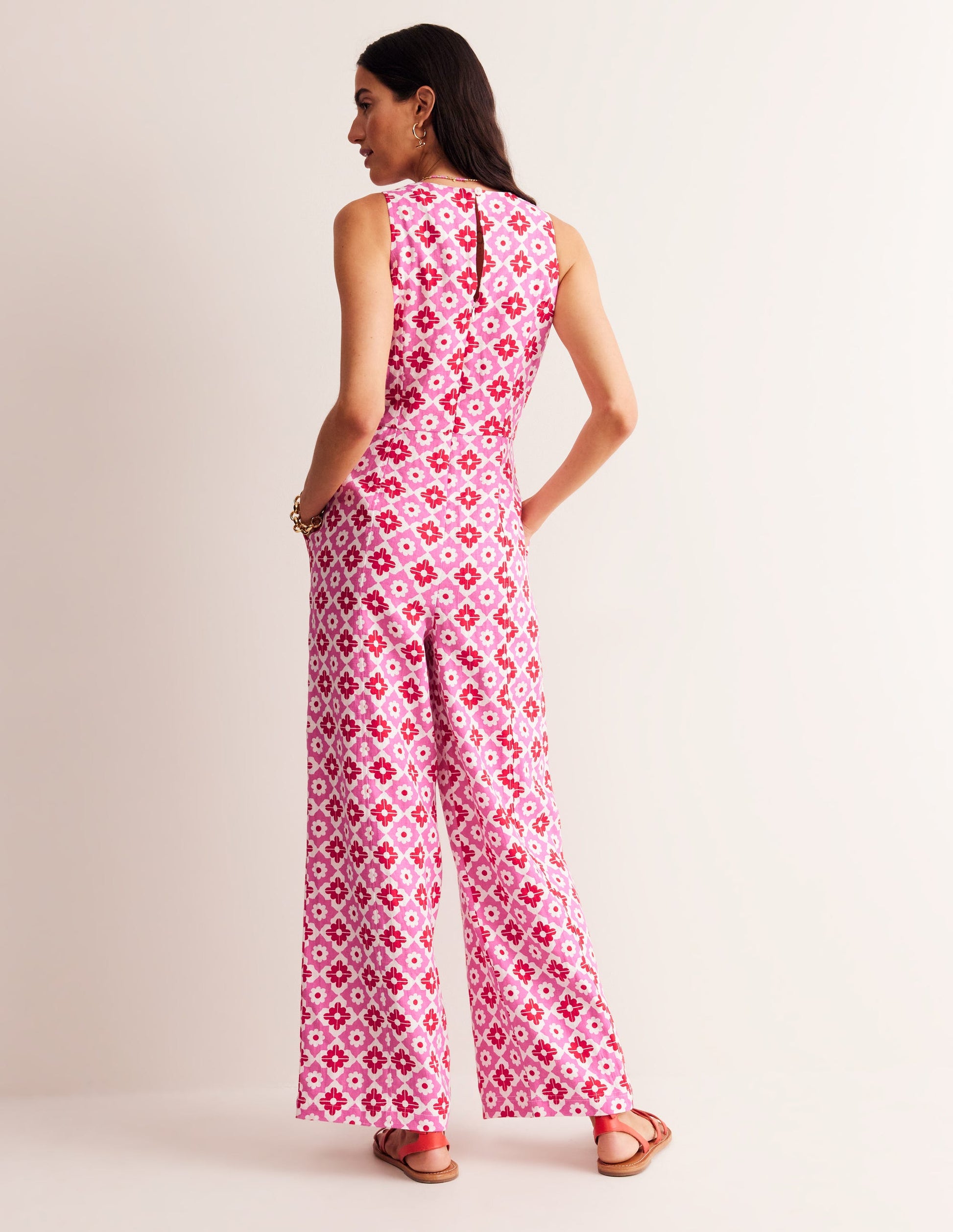 Carla Linen Jumpsuit-Pink Power, Geometric Stamp-4