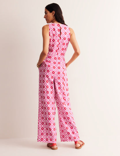 Carla Linen Jumpsuit-Pink Power, Geometric Stamp-4