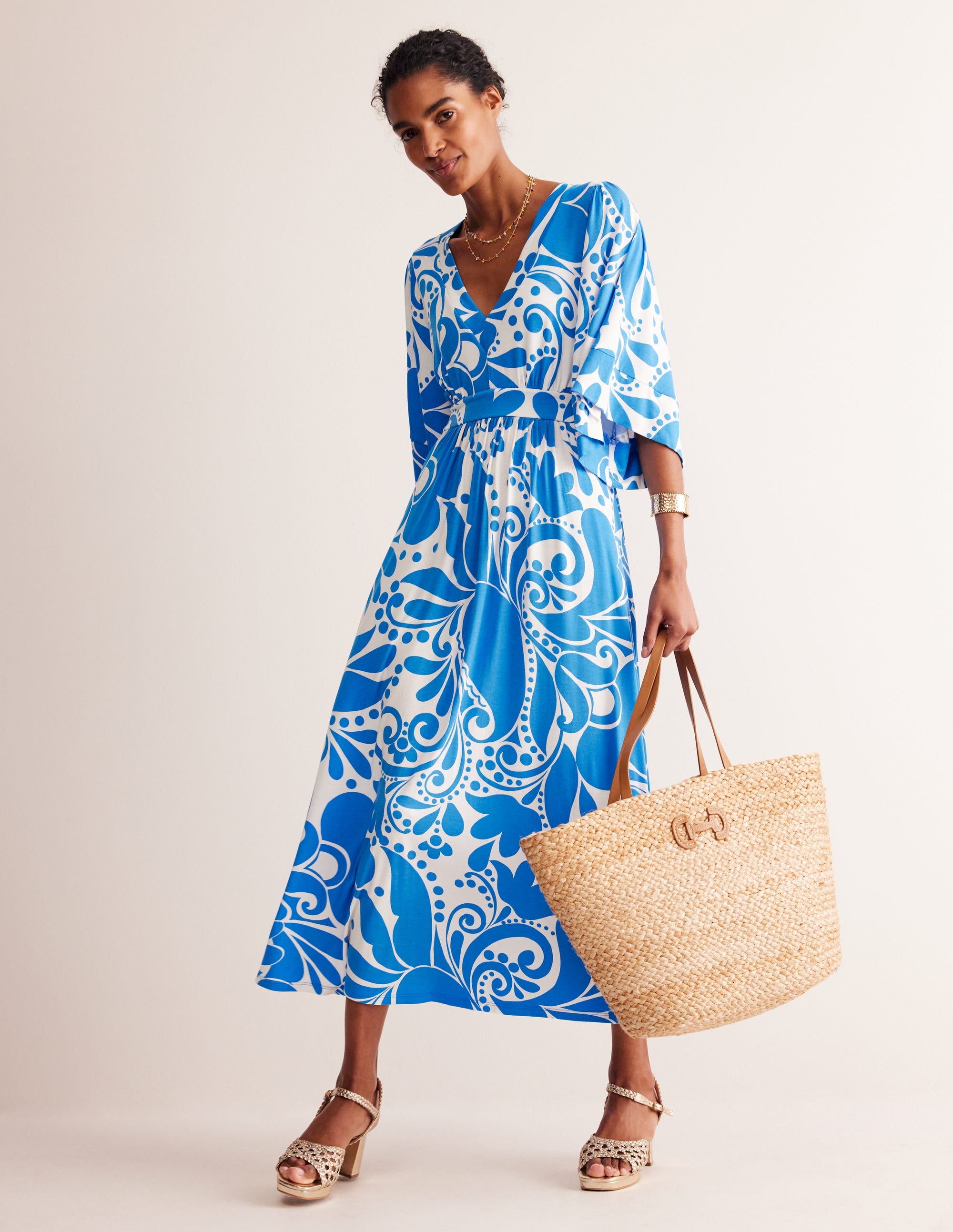 Maya Kimono Jersey Maxi Dress-Indigo Bunting, Ripple Swirl - Image 4