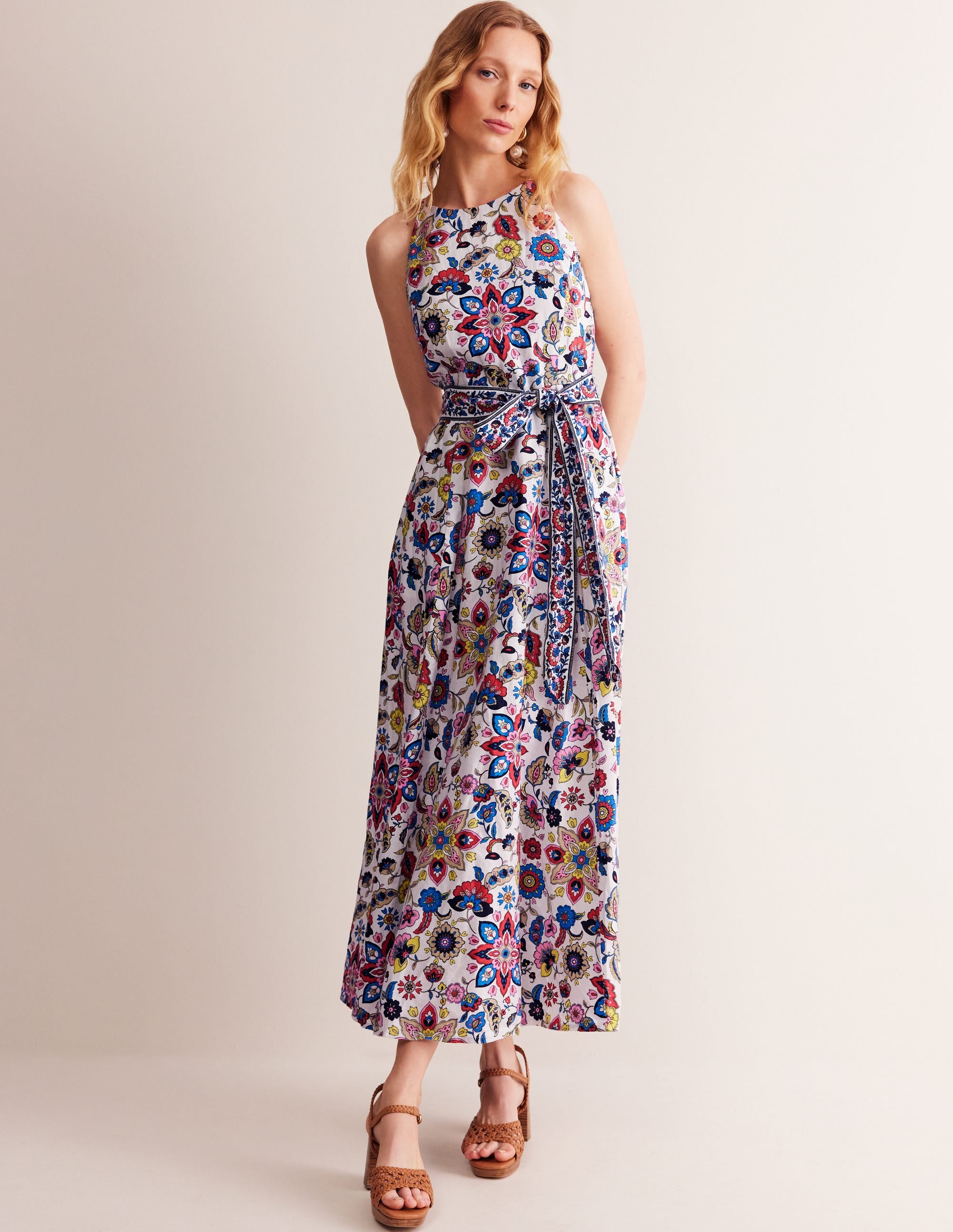 Linen Maxi Halter Dress-Ivory, Botanic Sprig - Image 1